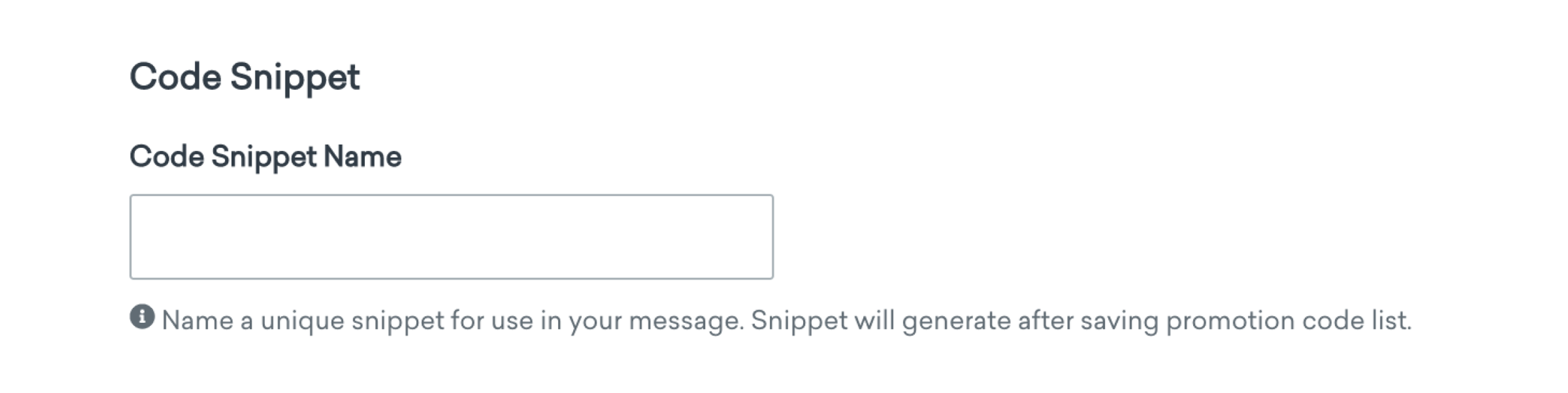 A form field labeled "Code Snippet Name" with a placeholder text indicating to name a unique snippet for use in a message. Below, there is a note about generating a snippet after saving a promotion code list.