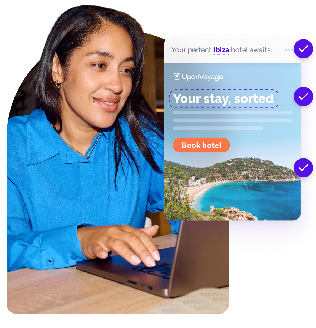Woman using a laptop beside an UponVoyage ad for booking an Ibiza hotel, featuring a turquoise coastal bay.