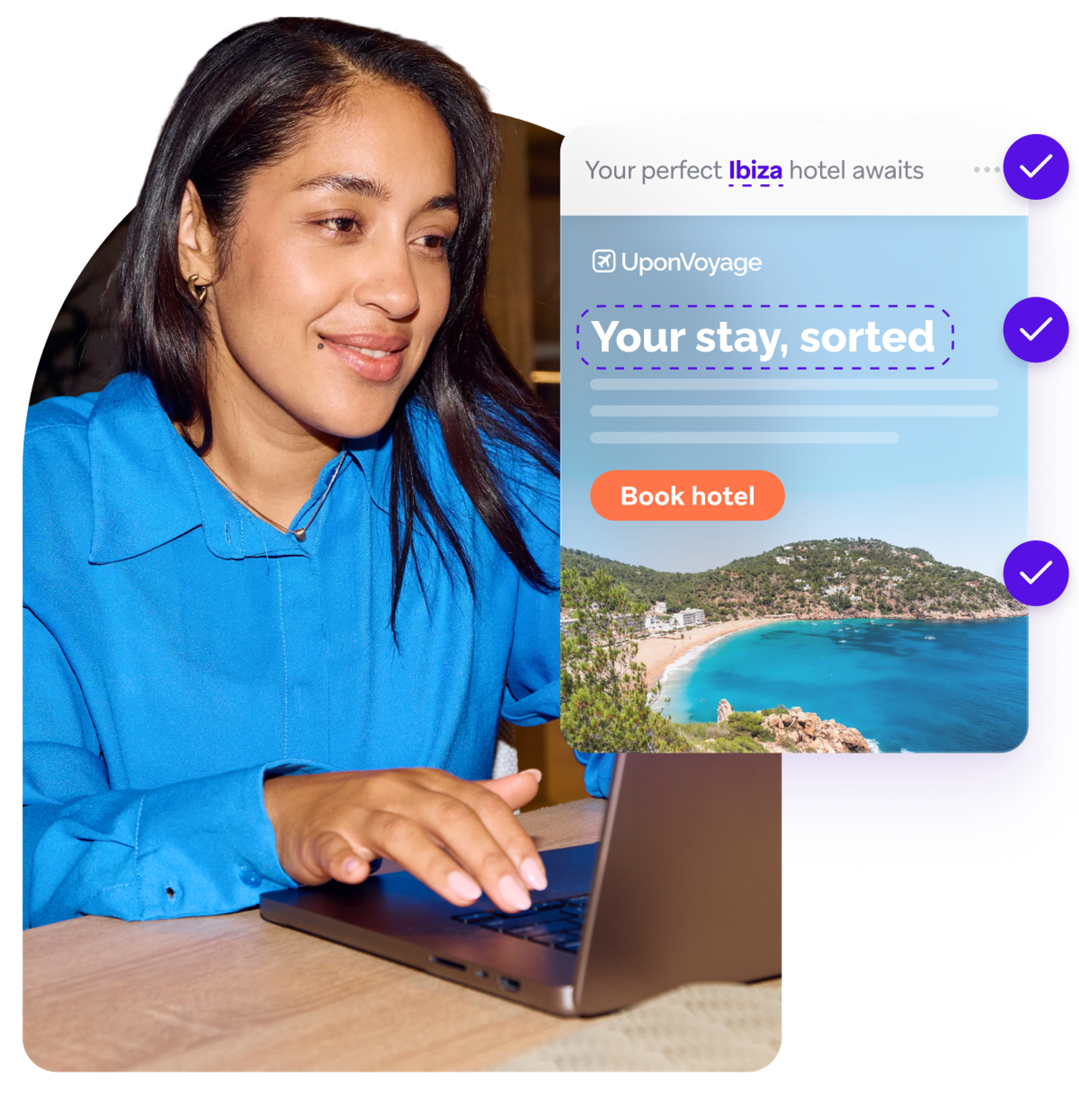 Woman using a laptop beside an UponVoyage ad for booking an Ibiza hotel, featuring a turquoise coastal bay.