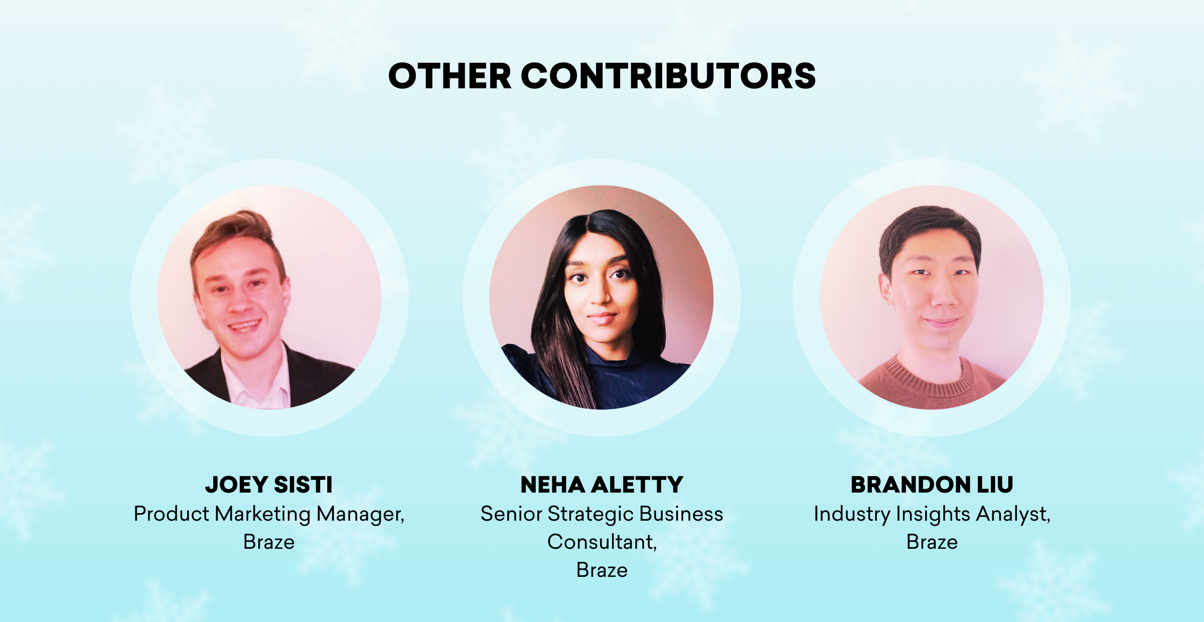 Three contributors from Braze are featured: Joey Sisti, Product Marketing Manager; Neha Aletty, Senior Strategic Business Consultant; and Brandon Liu, Industry Insights Analyst. The background has a light blue gradient with snowflakes.