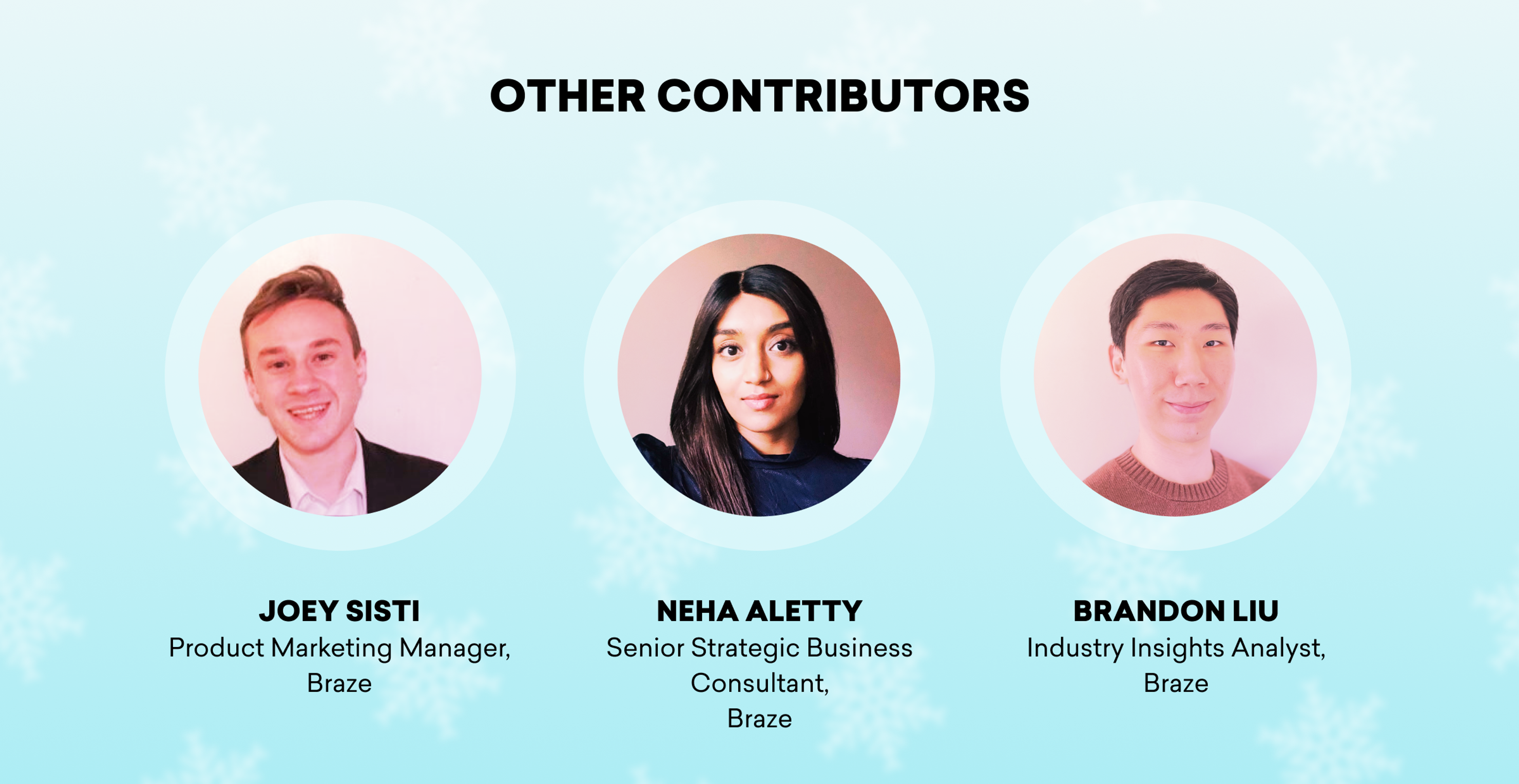 Three contributors from Braze are featured: Joey Sisti, Product Marketing Manager; Neha Aletty, Senior Strategic Business Consultant; and Brandon Liu, Industry Insights Analyst. The background has a light blue gradient with snowflakes.