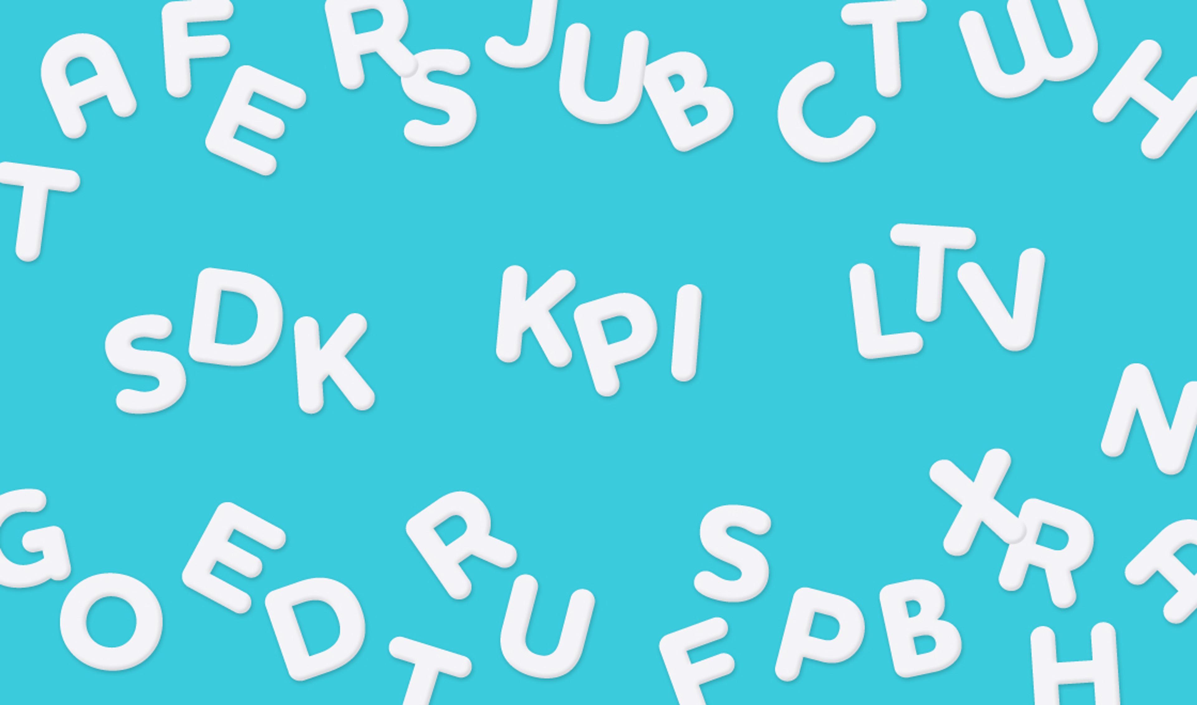 A scattered arrangement of white, lowercase letters on a bright blue background. The letters are randomly positioned and vary in orientation.