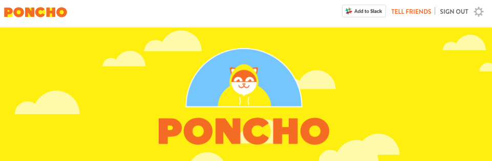 A colorful header featuring the word "PONCHO" in bold letters, with a cartoon raccoon wearing a yellow hoodie against a bright yellow background with clouds.
