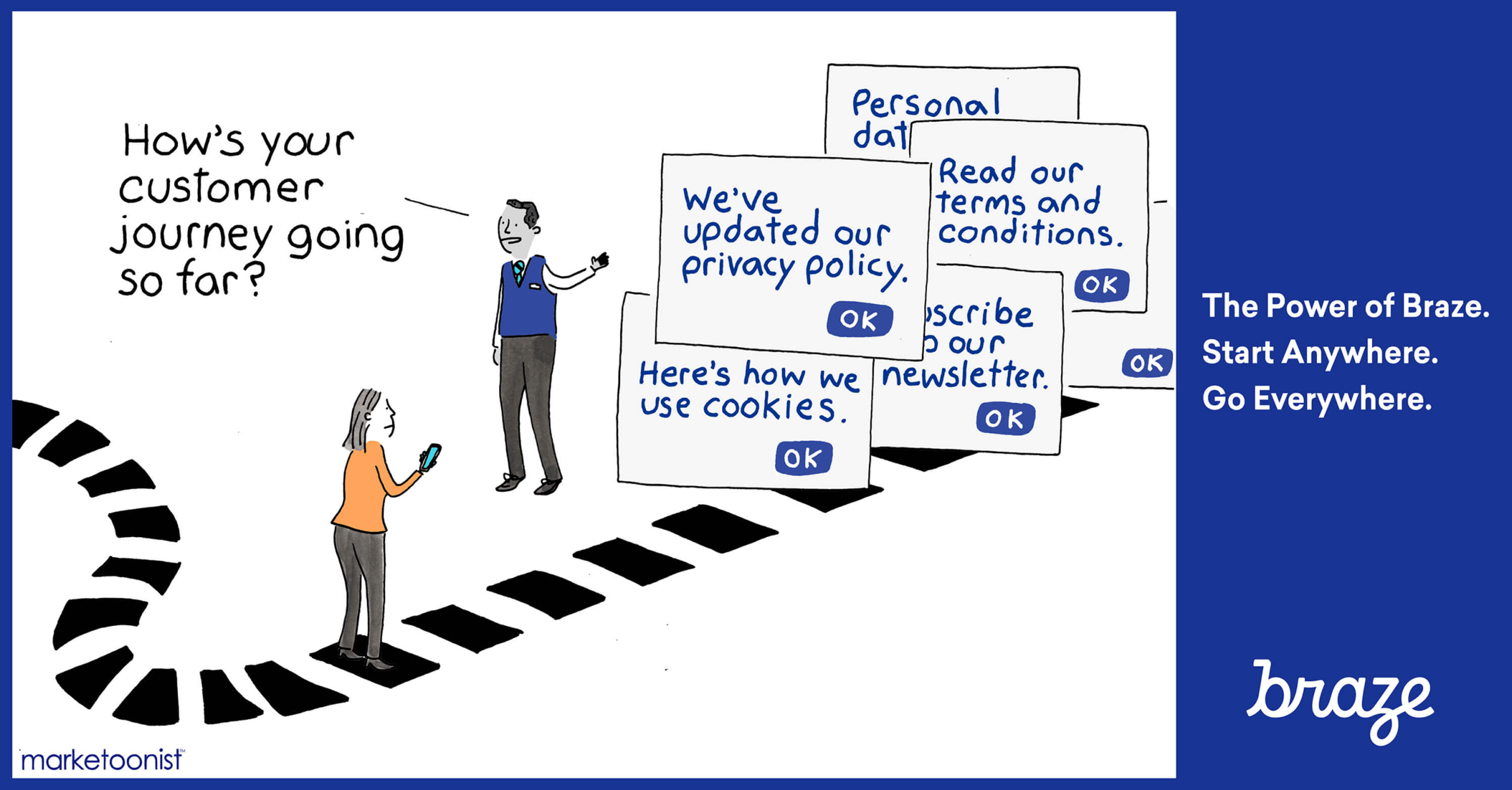 A person stands on a path asking another about their customer journey, while the second person is surrounded by pop-up messages about privacy policies and terms. The image emphasizes customer engagement and data privacy.
