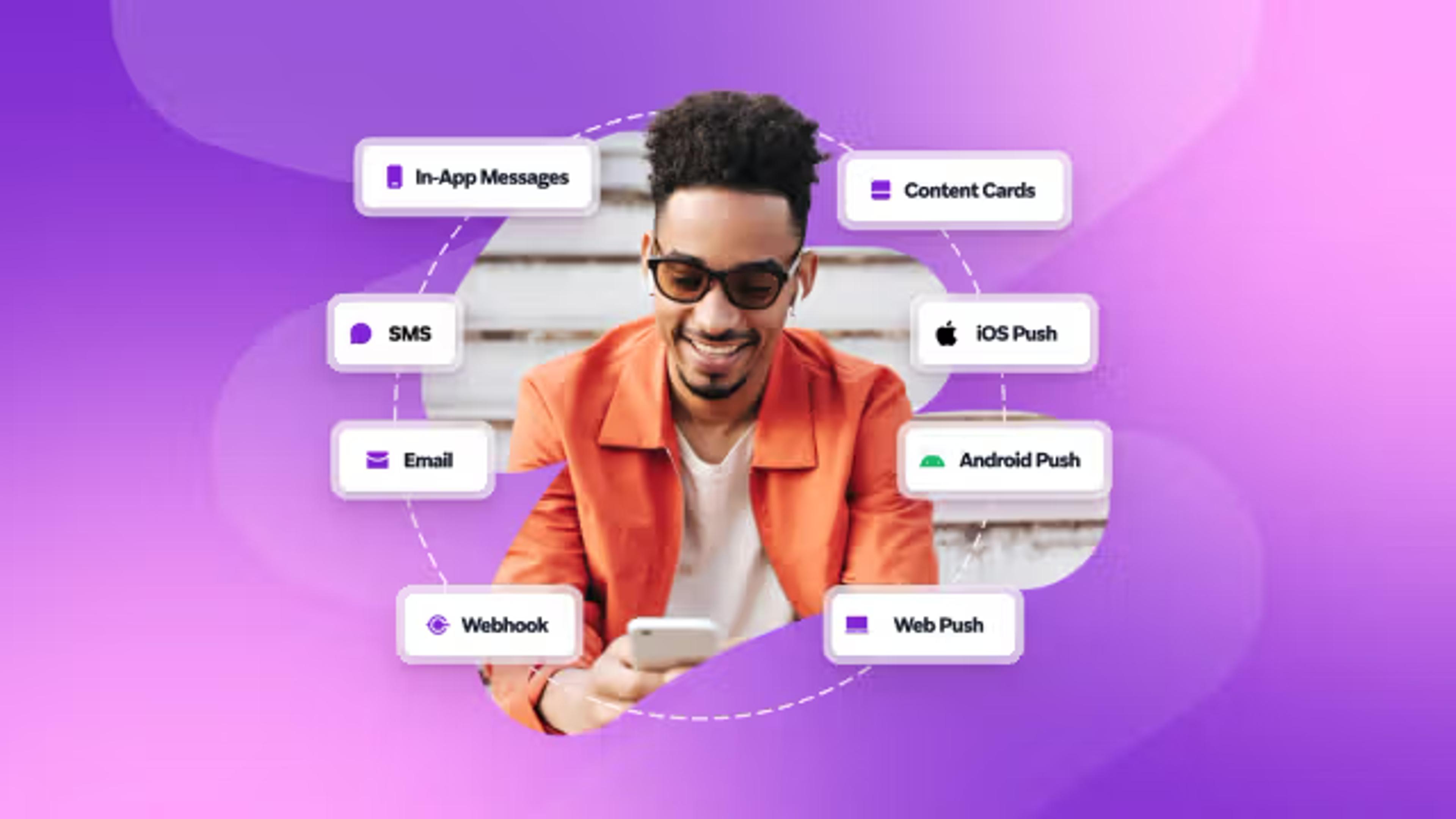 Hombre usando su teléfono móvil rodeado de iconos que representan distintos canales de mensajería y notificaciones digitales sobre un fondo degradado morado.