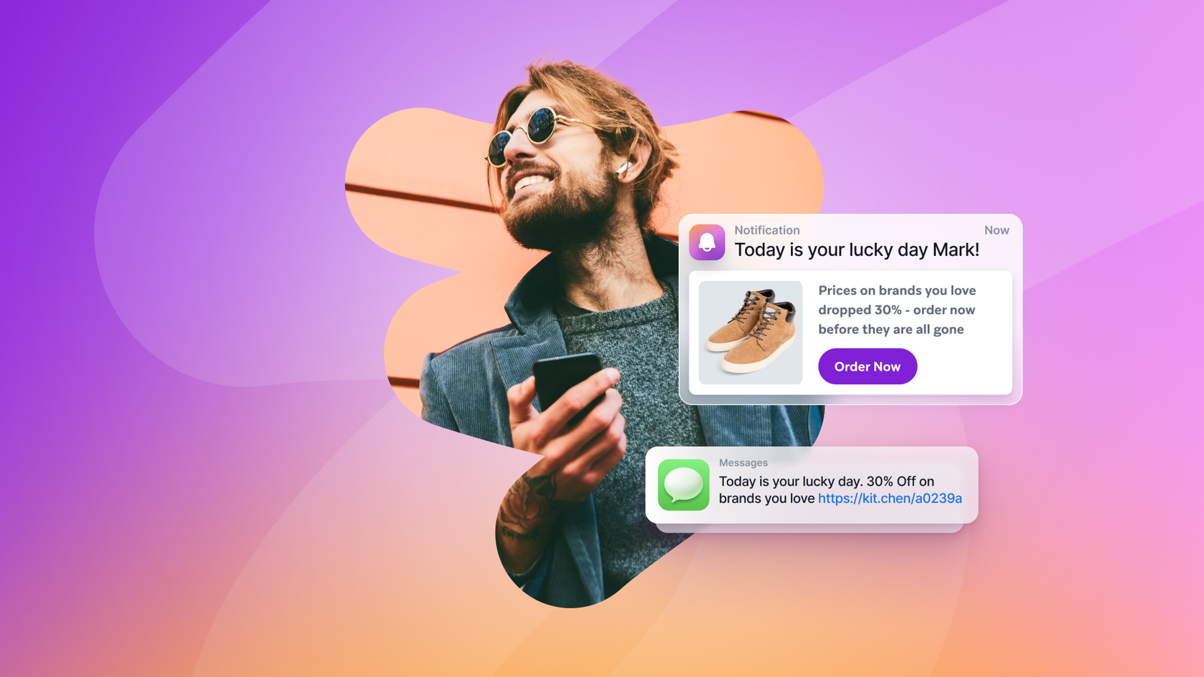 A smiling man holds a phone as push notifications and a message advertise a 30% off sale on shoes and brands.