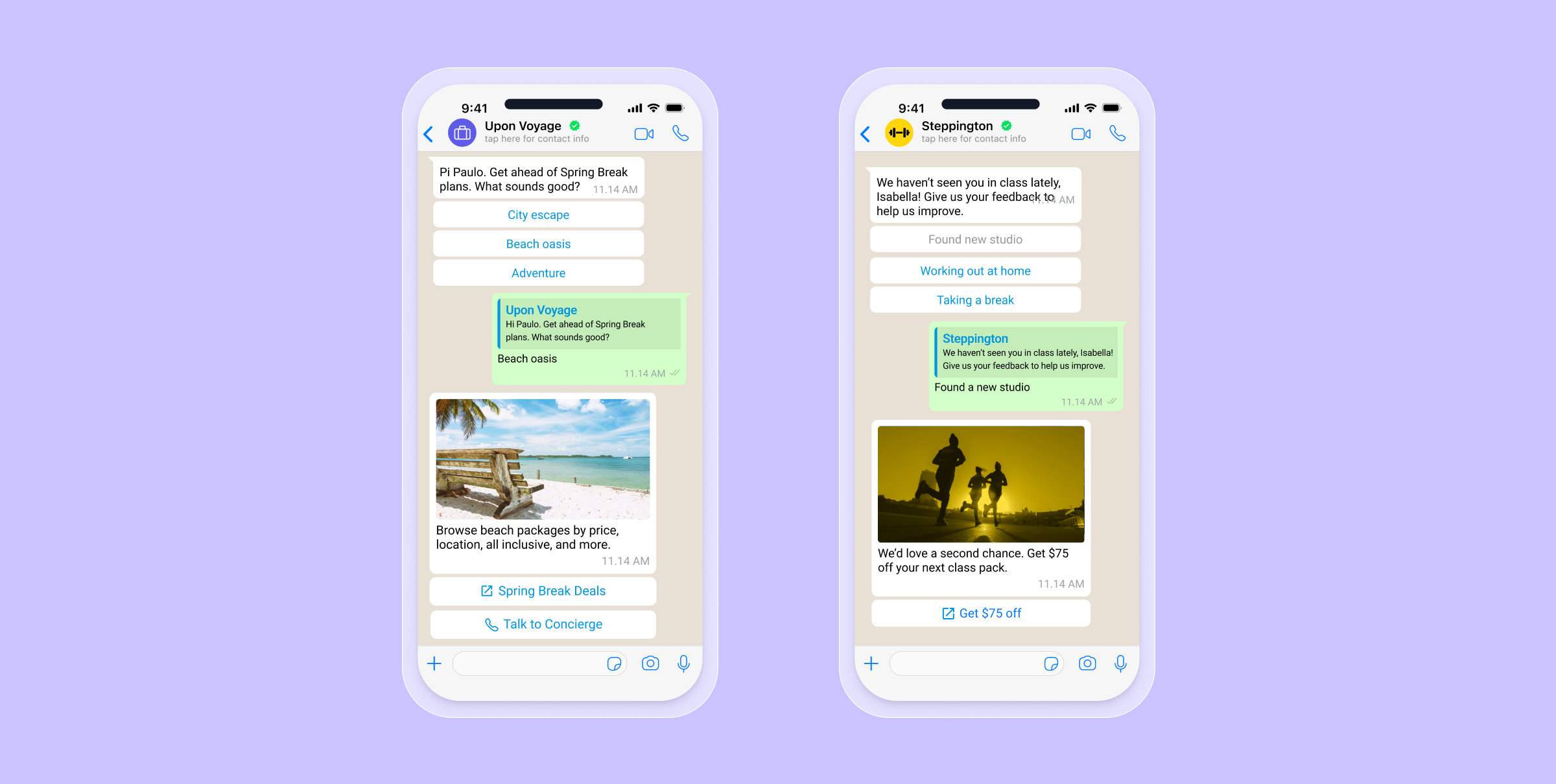 WhatsApp conversations with brands messaging customers to come back