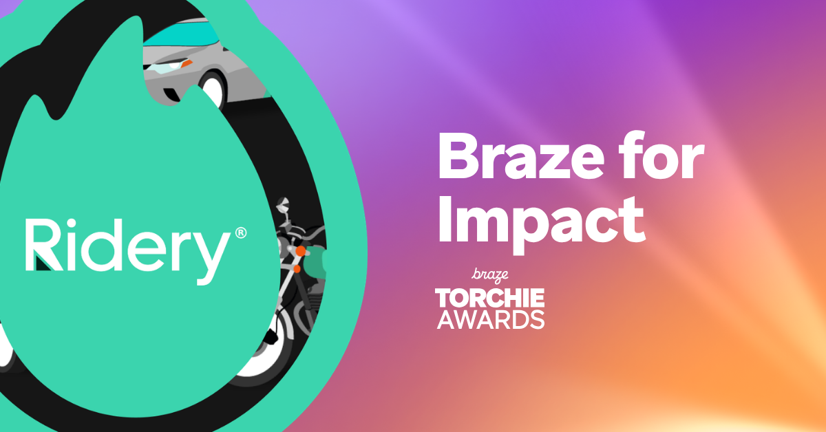 Ridery logo beside the text “Braze for Impact” and “Braze Torchie Awards” on a colorful gradient background.