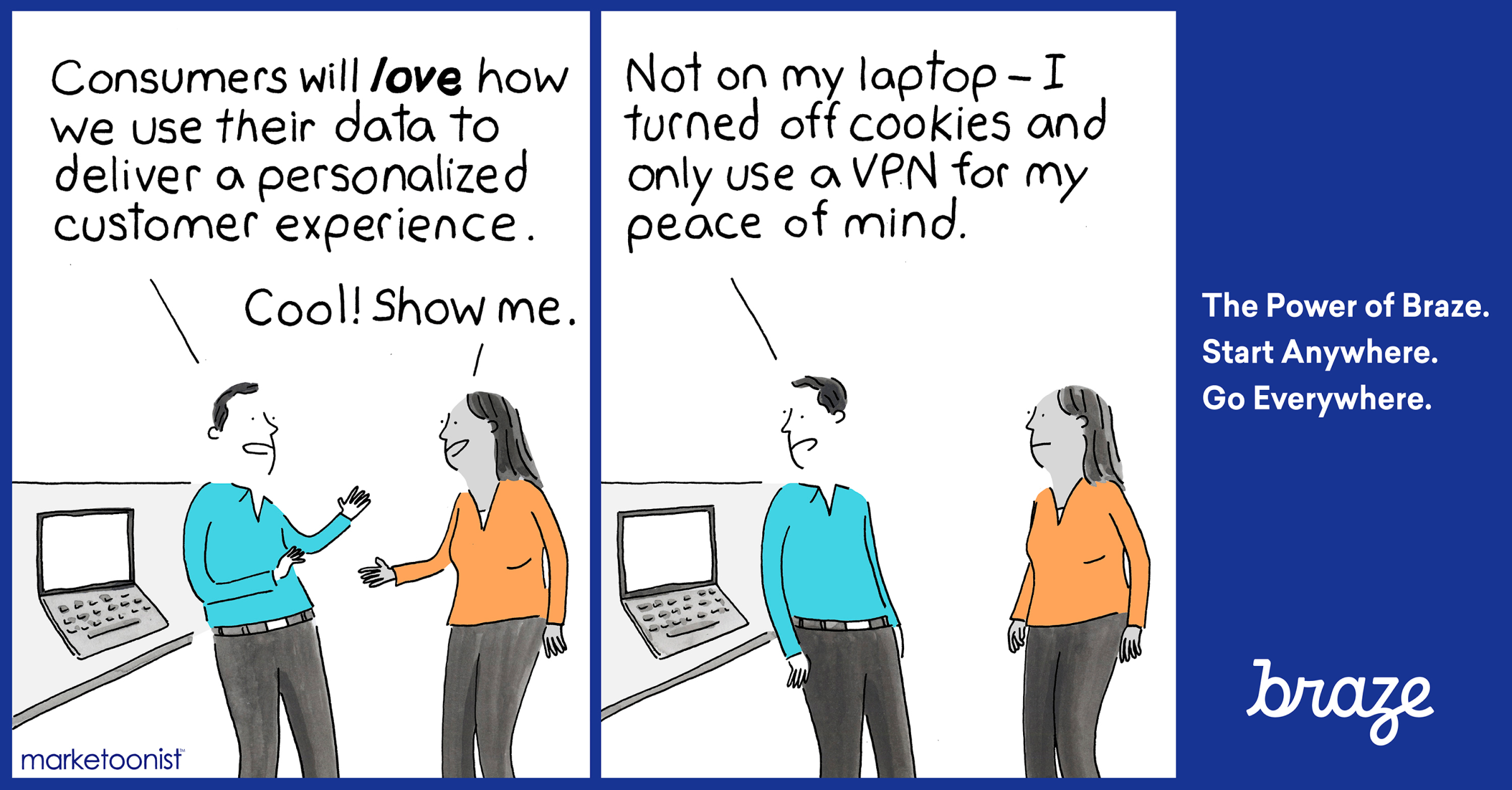 A man enthusiastically discusses using consumer data for personalized experiences, while a woman replies that she uses a VPN and has turned off cookies for privacy.