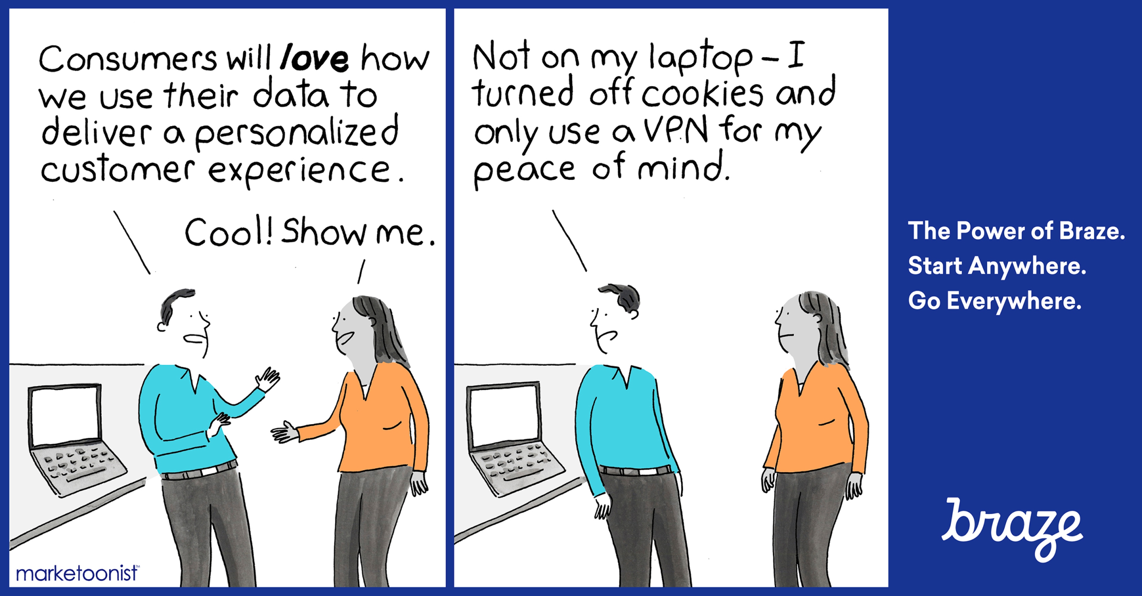 A man enthusiastically discusses using consumer data for personalized experiences, while a woman replies that she uses a VPN and has turned off cookies for privacy.
