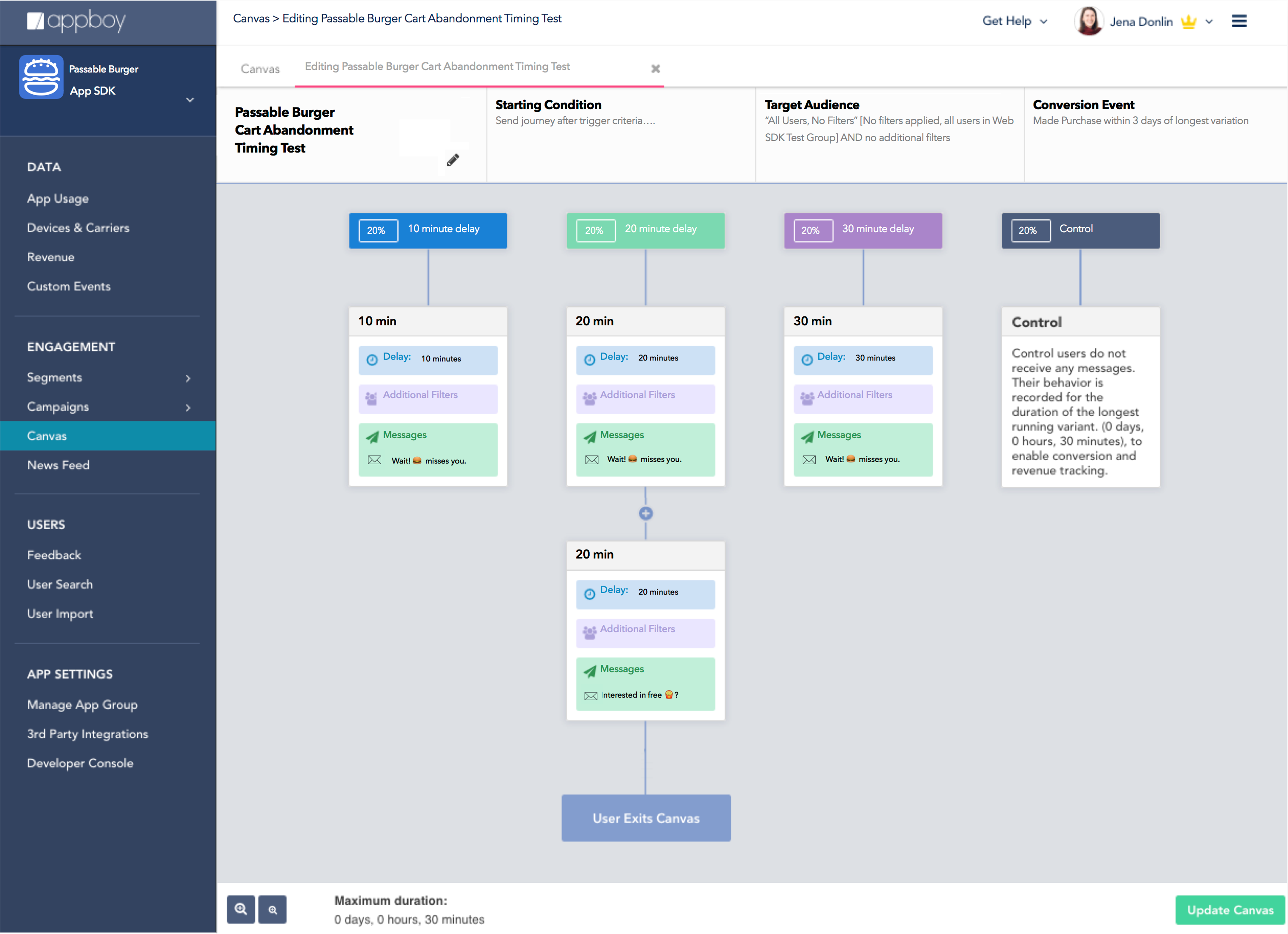 A flowchart showing a timing setup for a marketing campaign, with options for different delays and messages for target audiences. The interface includes sections for editing and managing the campaign.