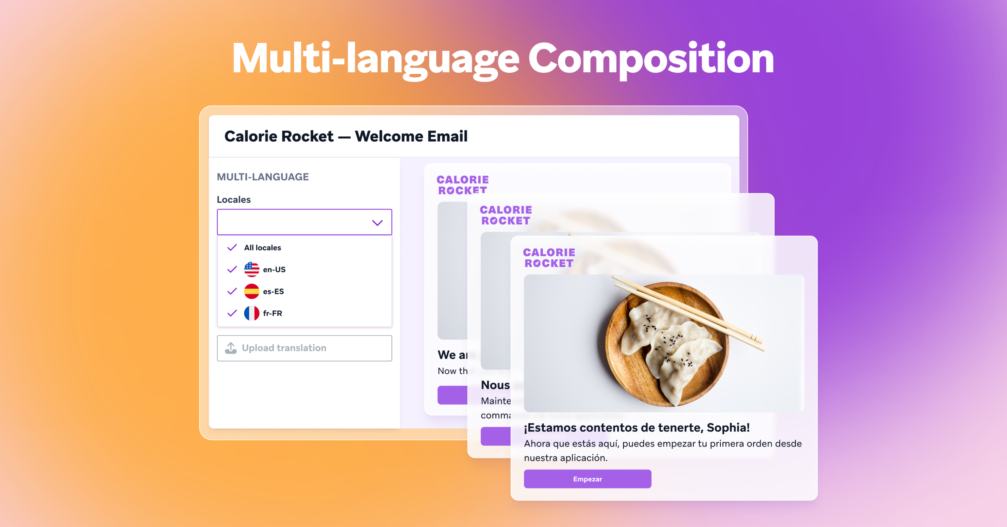 Composição multilíngue com uma tela de e-mail de boas-vindas da Calorie Rocket, mostrando traduções em diferentes idiomas. Elementos visuais incluem uma tigela com comida e botões de ação.