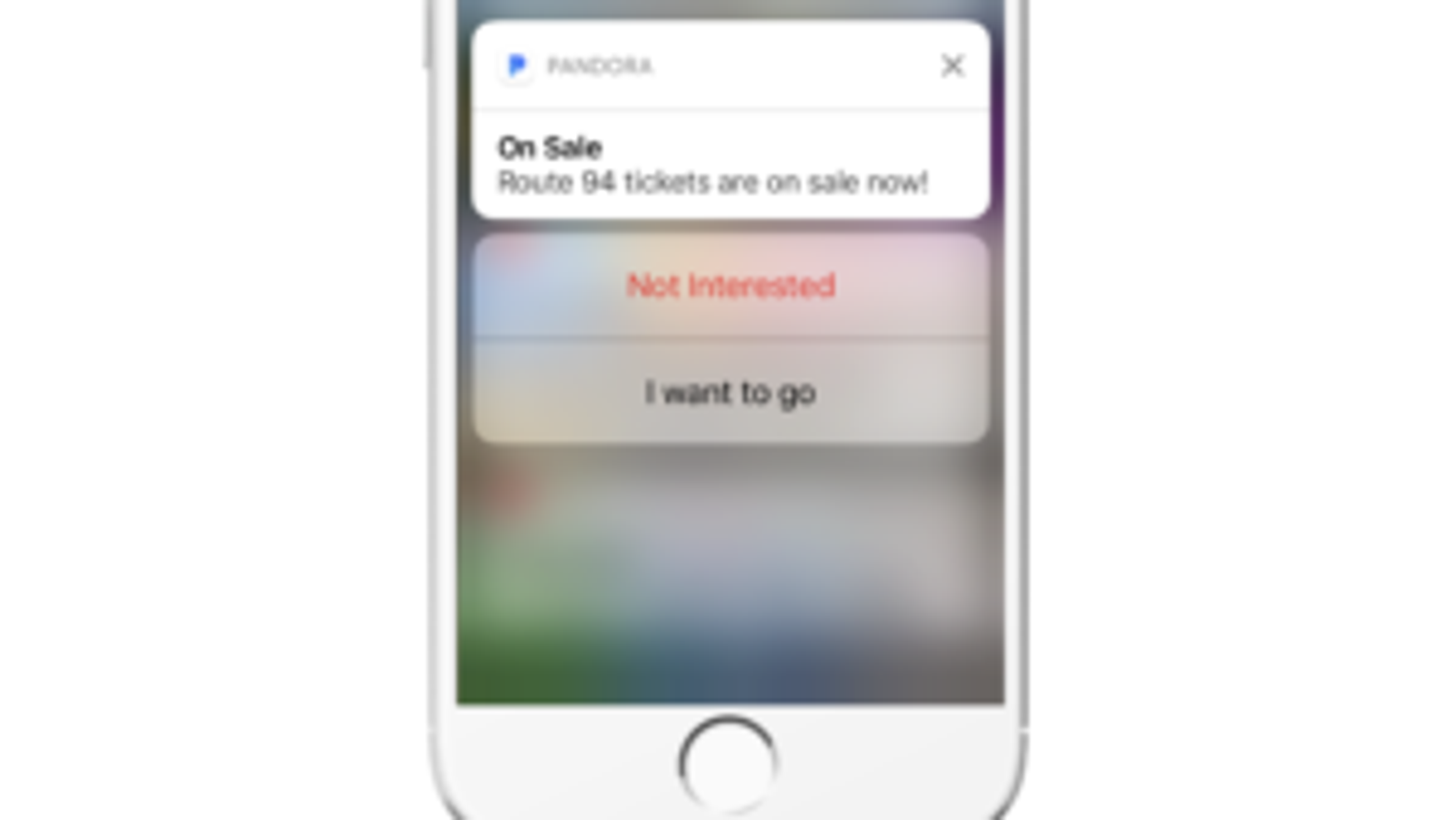 A smartphone screen displaying a notification from Pandora about Route 94 tickets being on sale, with options to respond.