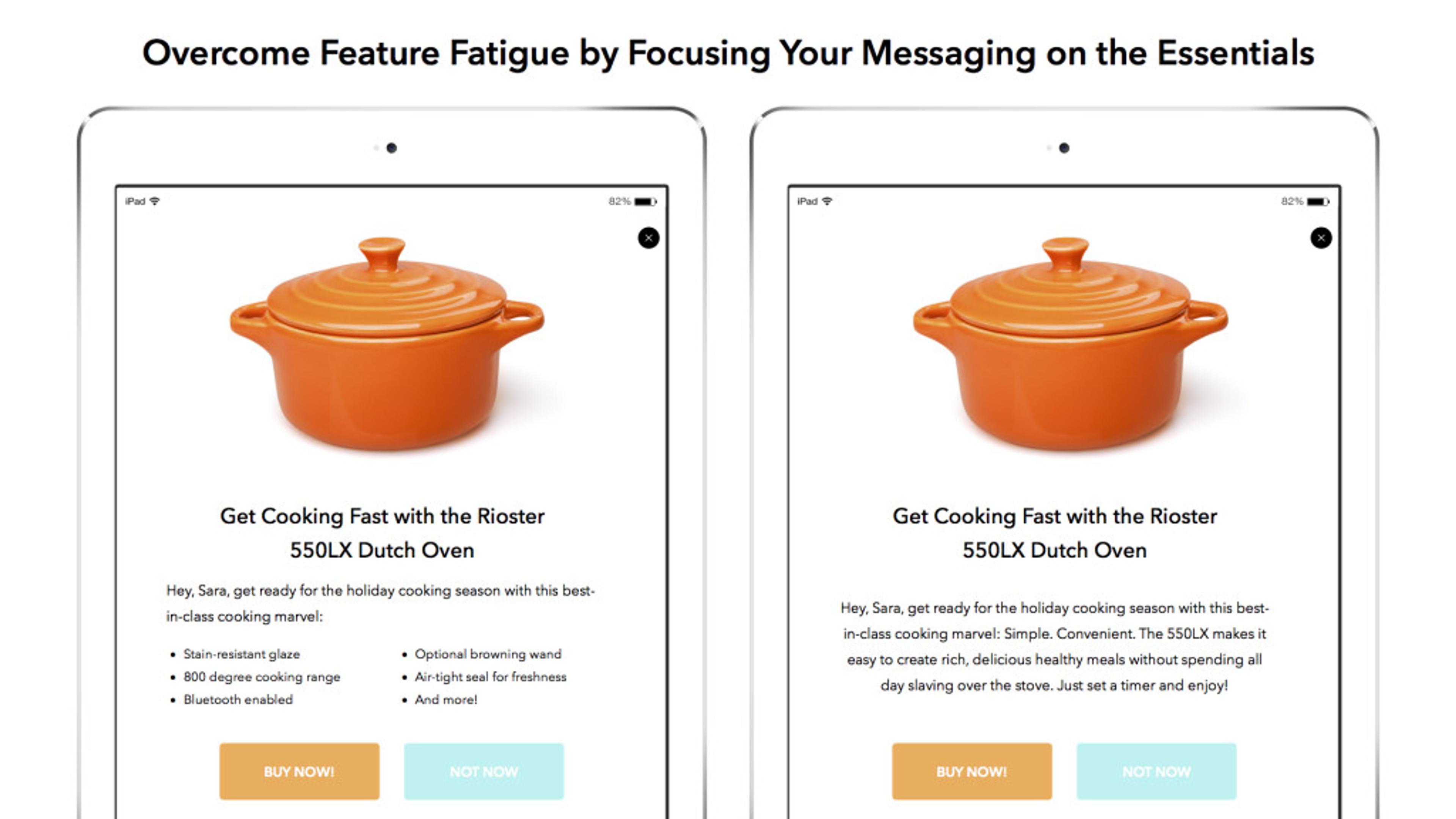 Two iPads displaying a product page for the Rioster 550XL Dutch Oven, featuring an orange pot and promotional text about its cooking capabilities. The layout emphasizes simplicity and essential messaging.