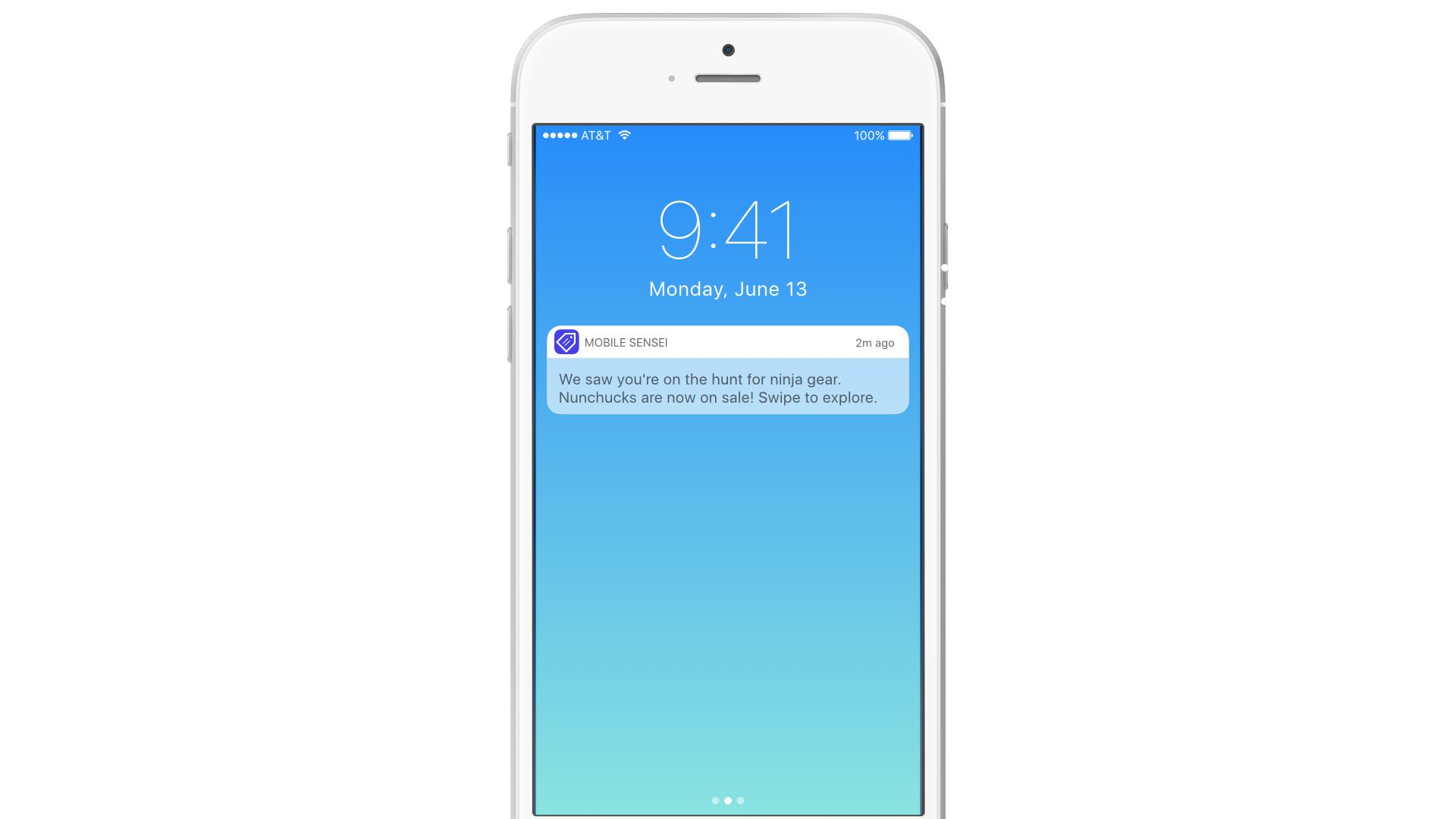 A smartphone screen displaying a notification from a mobile app about a sale on nunchucks. The time is 9:41 AM on Monday, June 13.