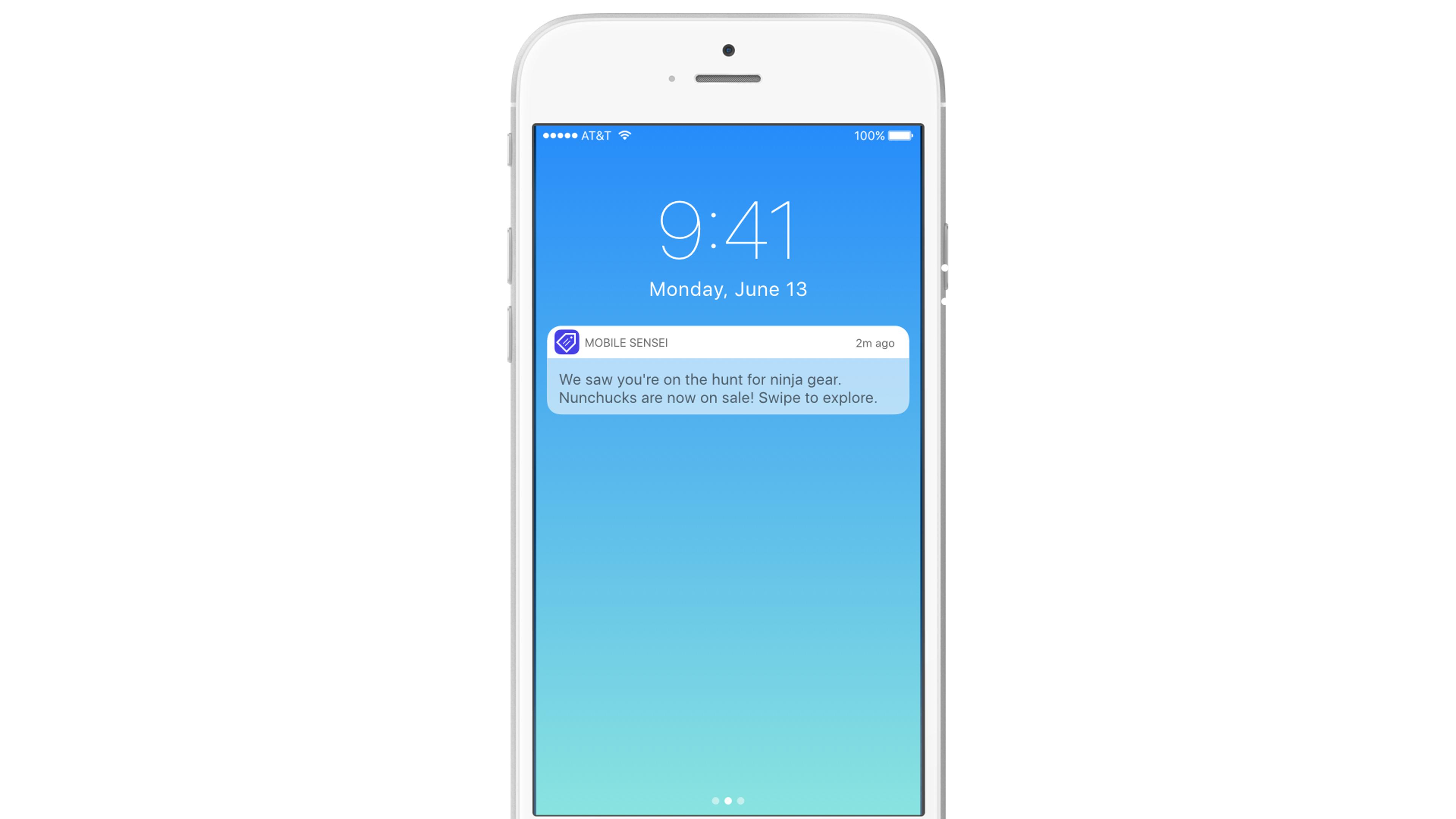 A smartphone screen displaying a notification from a mobile app about a sale on nunchucks. The time is 9:41 AM on Monday, June 13.