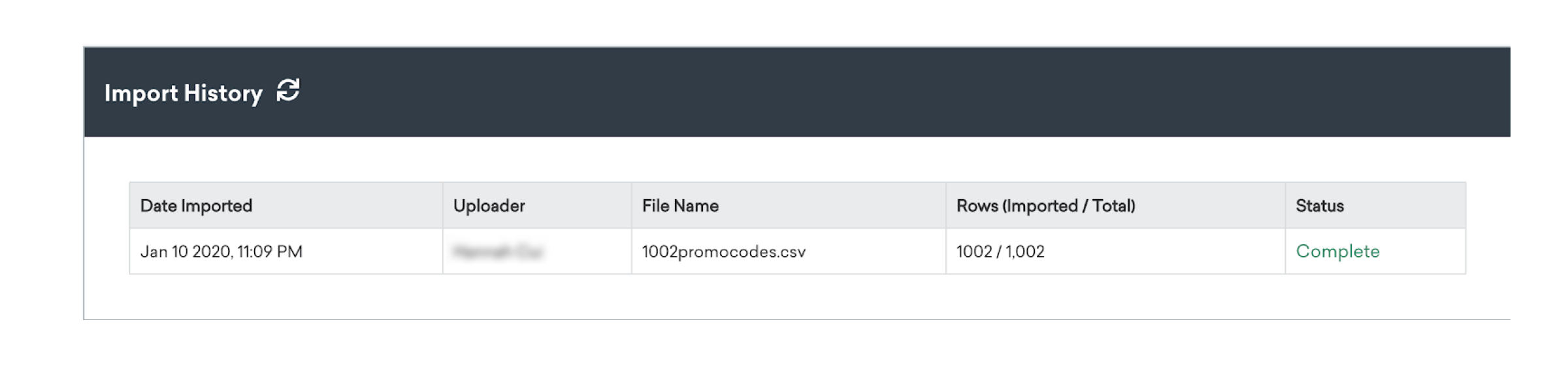 Table displaying import history with columns for date imported, uploader, file name, rows imported, and status, indicating the import is complete.