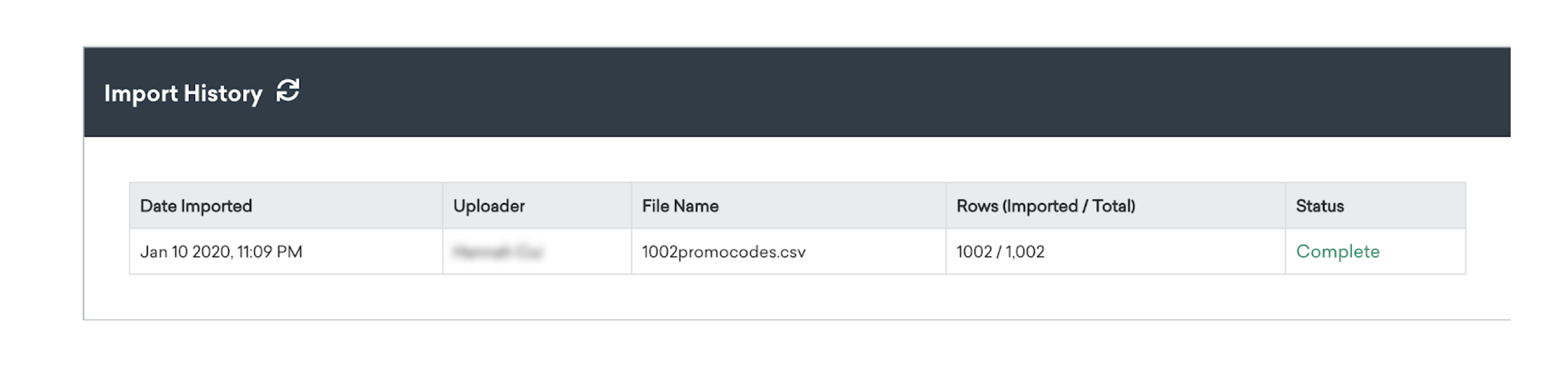 Table displaying import history with columns for date imported, uploader, file name, rows imported, and status, indicating the import is complete.