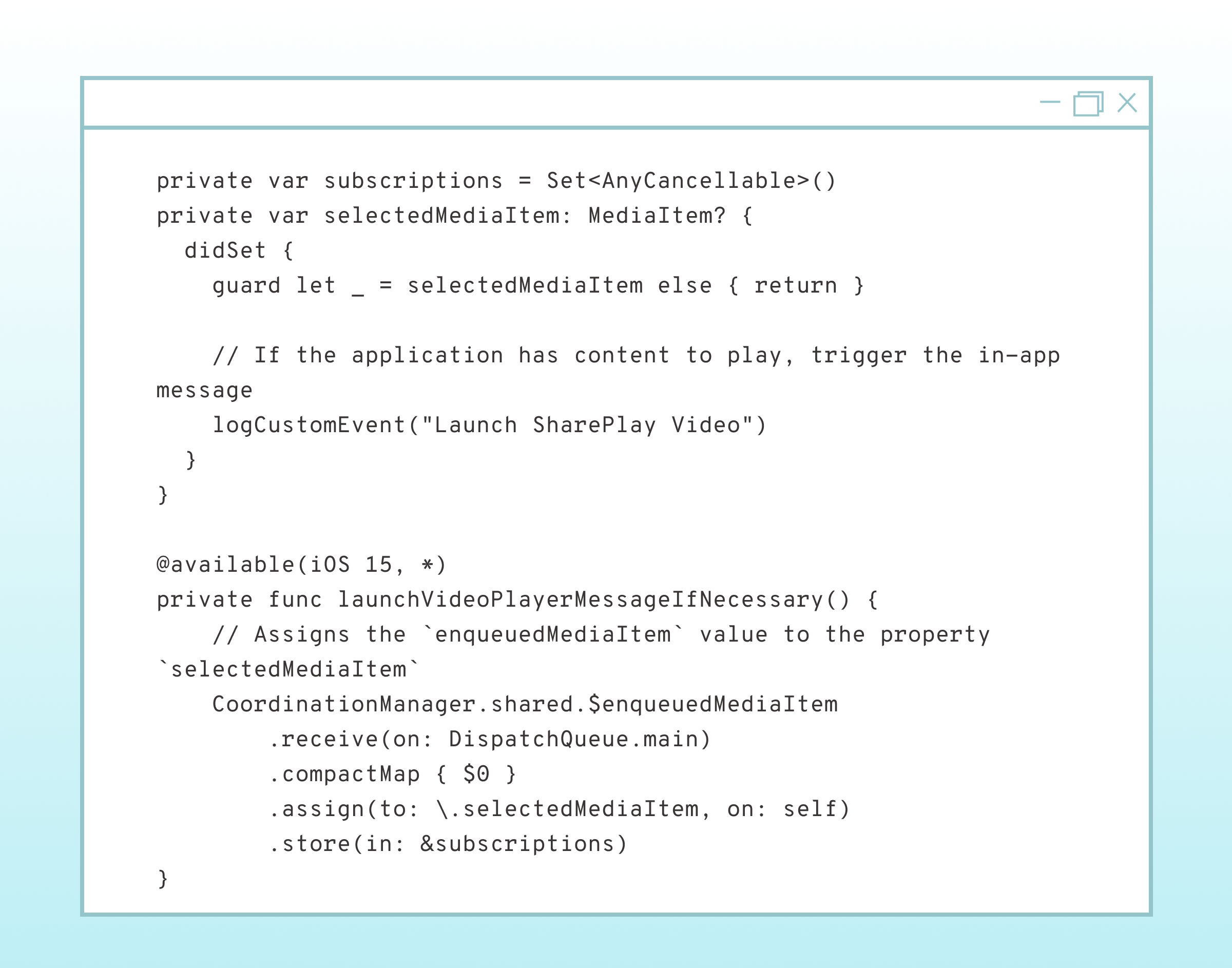 A code snippet in a light blue window showing a Swift programming function related to media item selection and event logging. The code includes variable declarations and method definitions.