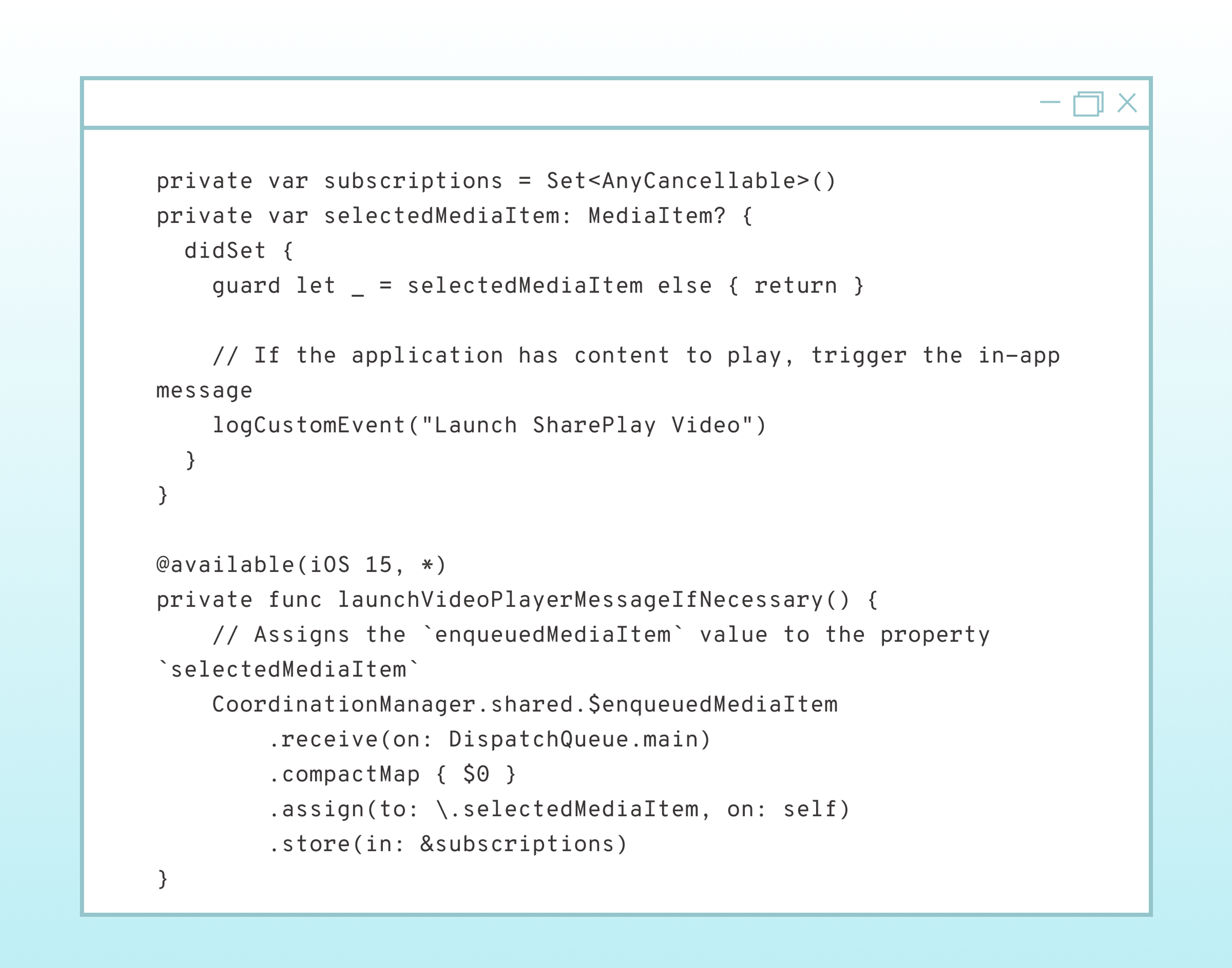 A code snippet in a light blue window showing a Swift programming function related to media item selection and event logging. The code includes variable declarations and method definitions.