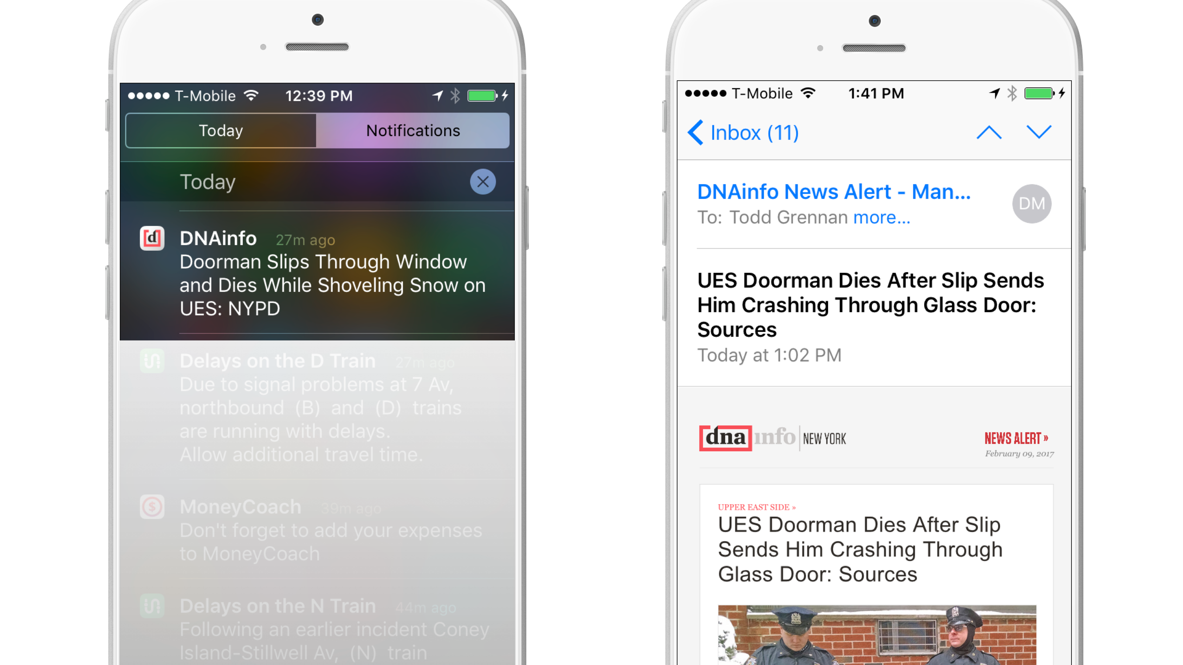 A smartphone screen displays a notification about a news alert regarding a doorman's accident, alongside an email with the same news. The left side shows a notification center, while the right side shows an email inbox.