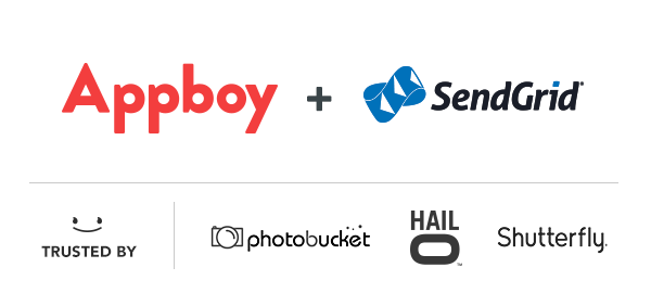 Logos of Appboy and SendGrid, along with logos of trusted brands: Photobucket, Hail, and Shutterfly.