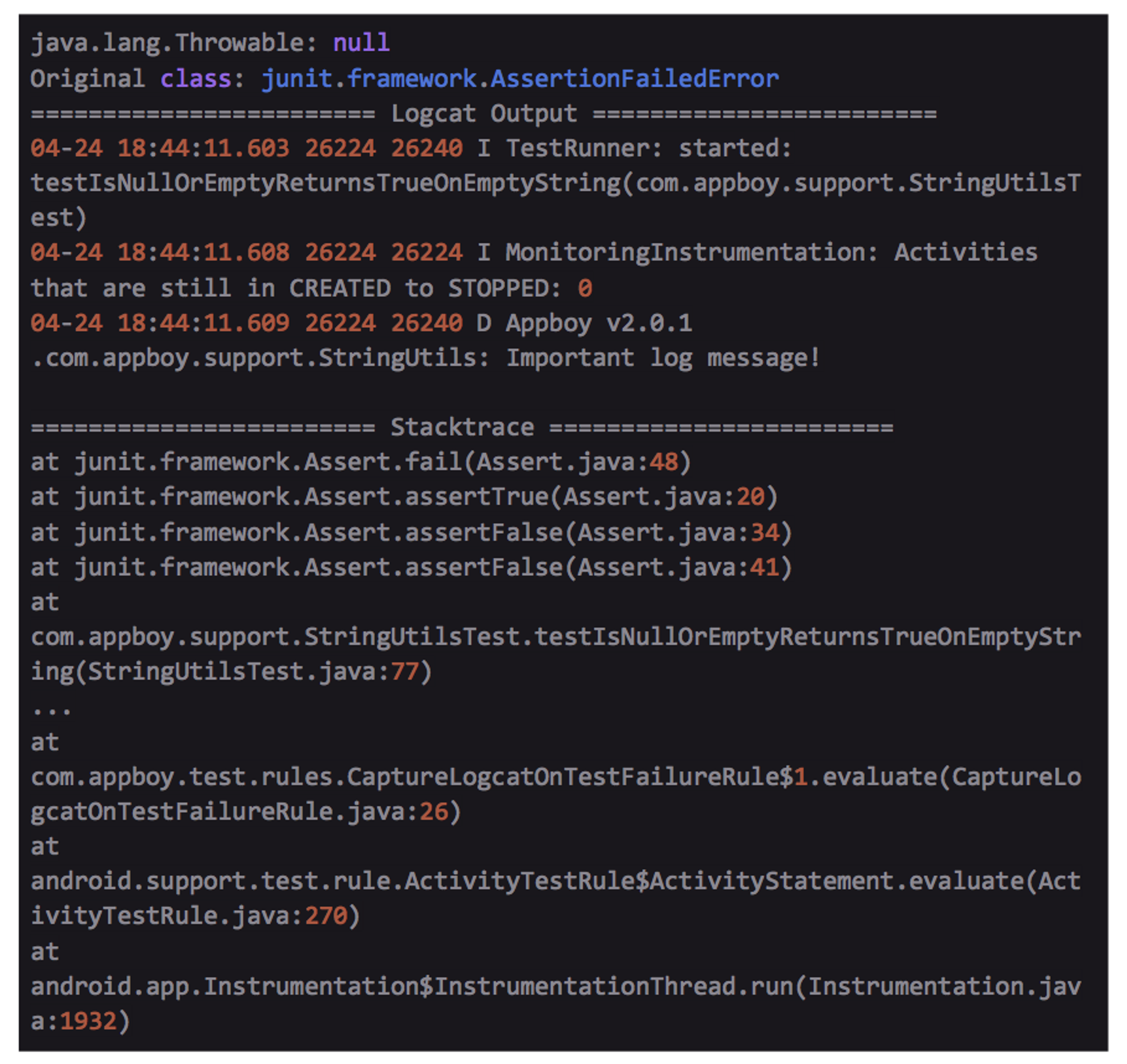 A screenshot of a Java error message indicating an assertion failure in a testing framework, with details about the error and a stack trace. The message includes timestamps and method calls related to the failure.