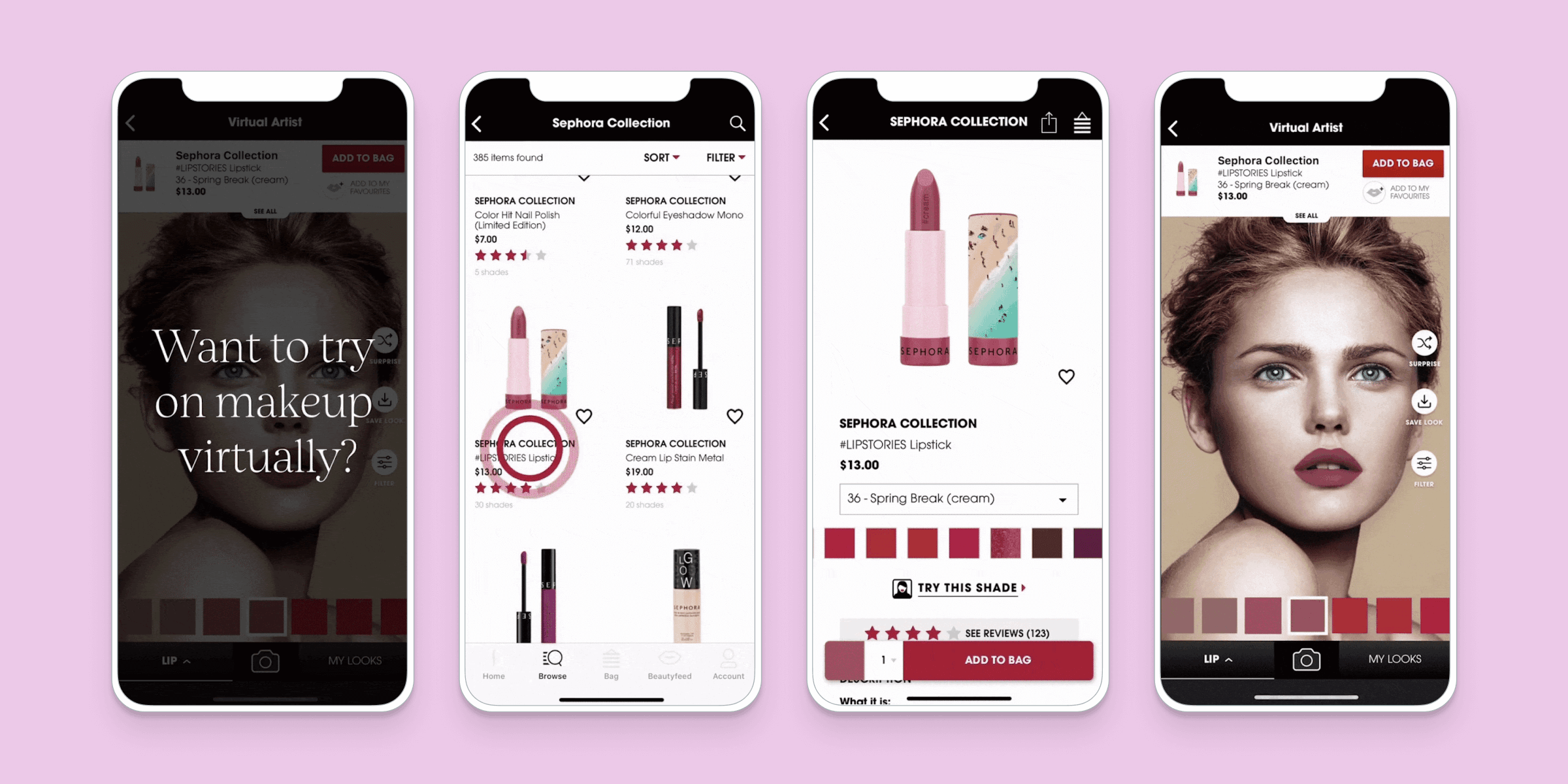 A collage of four smartphone screens displaying a virtual makeup try-on feature from Sephora, showcasing lipsticks and a model's face with makeup applied. The background is a soft pink.