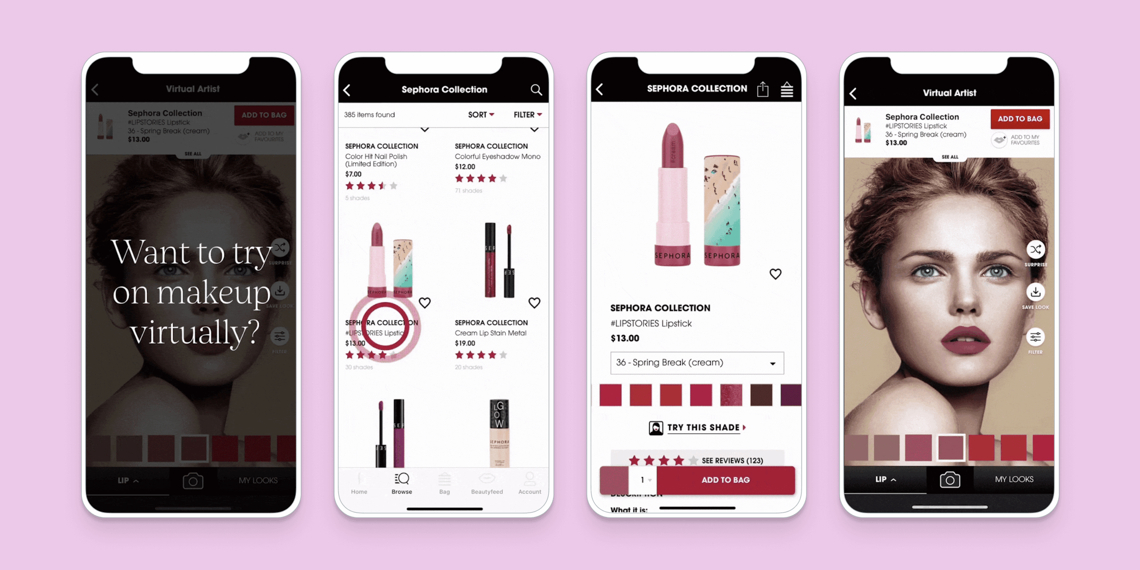 A collage of four smartphone screens displaying a virtual makeup try-on feature from Sephora, showcasing lipsticks and a model's face with makeup applied. The background is a soft pink.