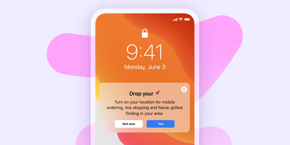 A smartphone screen displaying the time 9:41 on Monday, June 3, with a notification prompting the user to enable location services for mobile ordering.