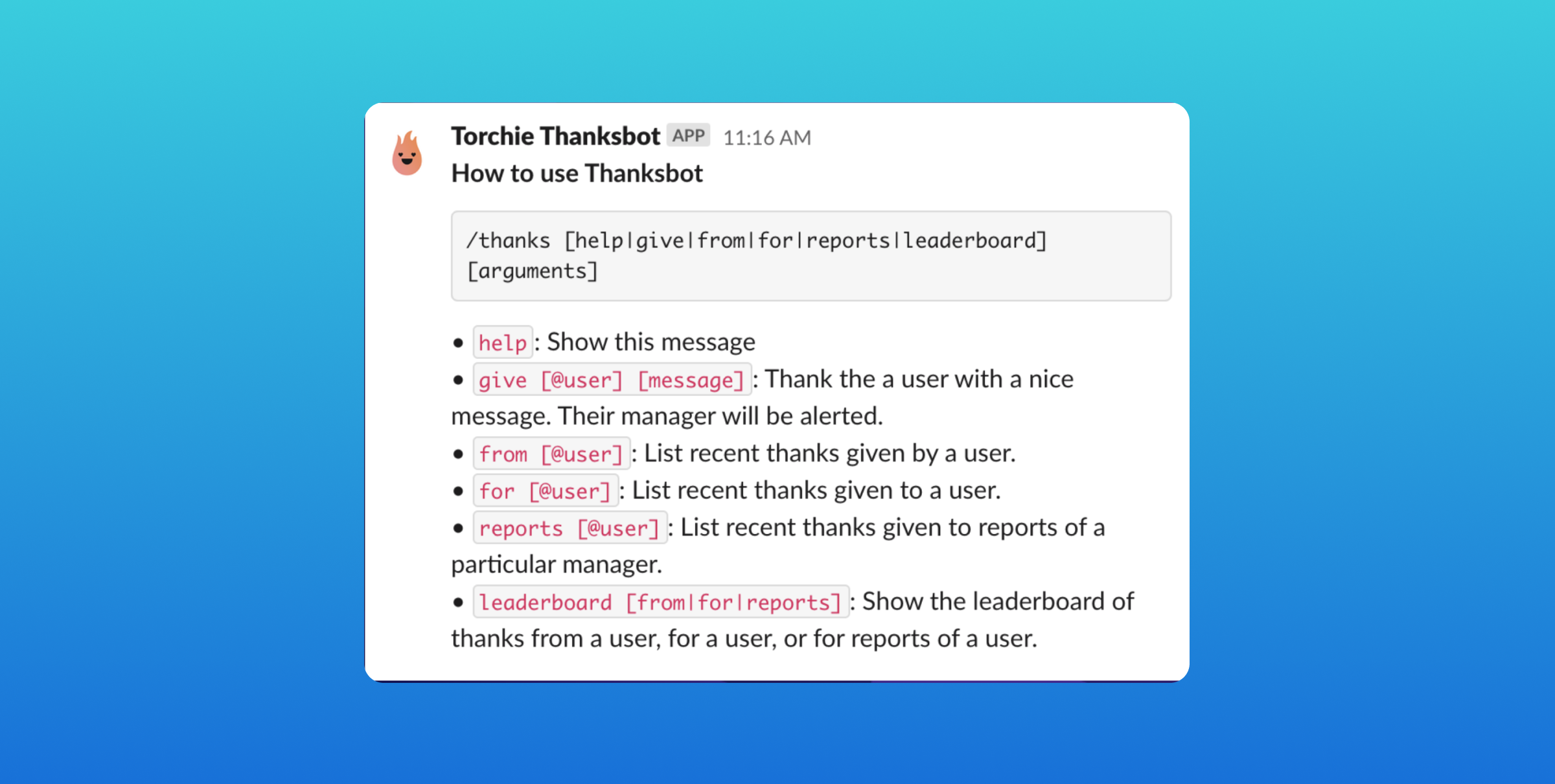 A screenshot of a chat interface displaying instructions for using a bot named Thanksbot. The text outlines various commands and their functions, such as giving thanks to a user and viewing reports.
