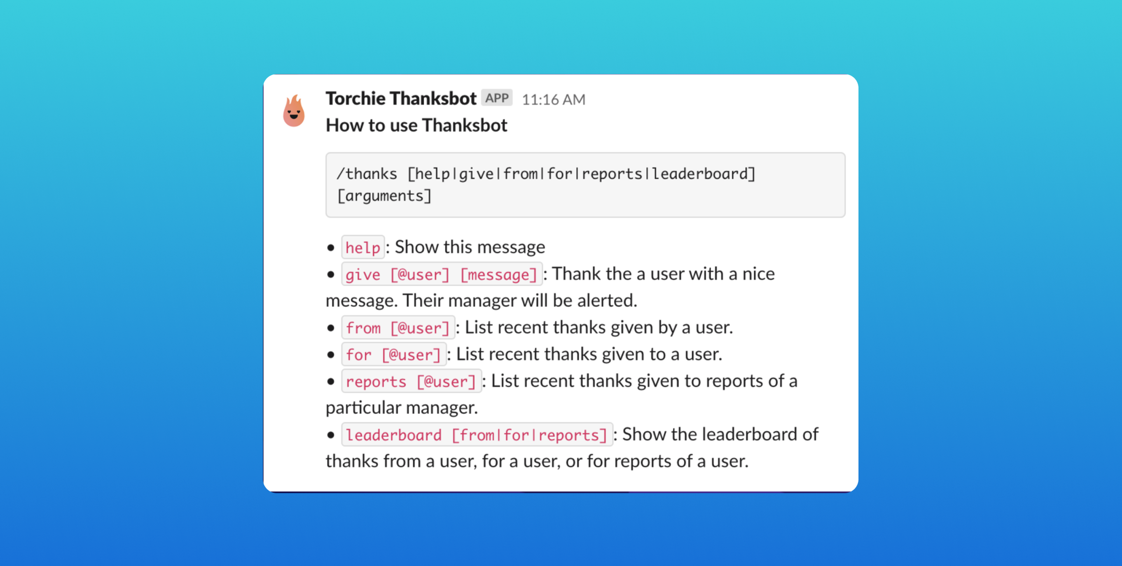 A screenshot of a chat interface displaying instructions for using a bot named Thanksbot. The text outlines various commands and their functions, such as giving thanks to a user and viewing reports.