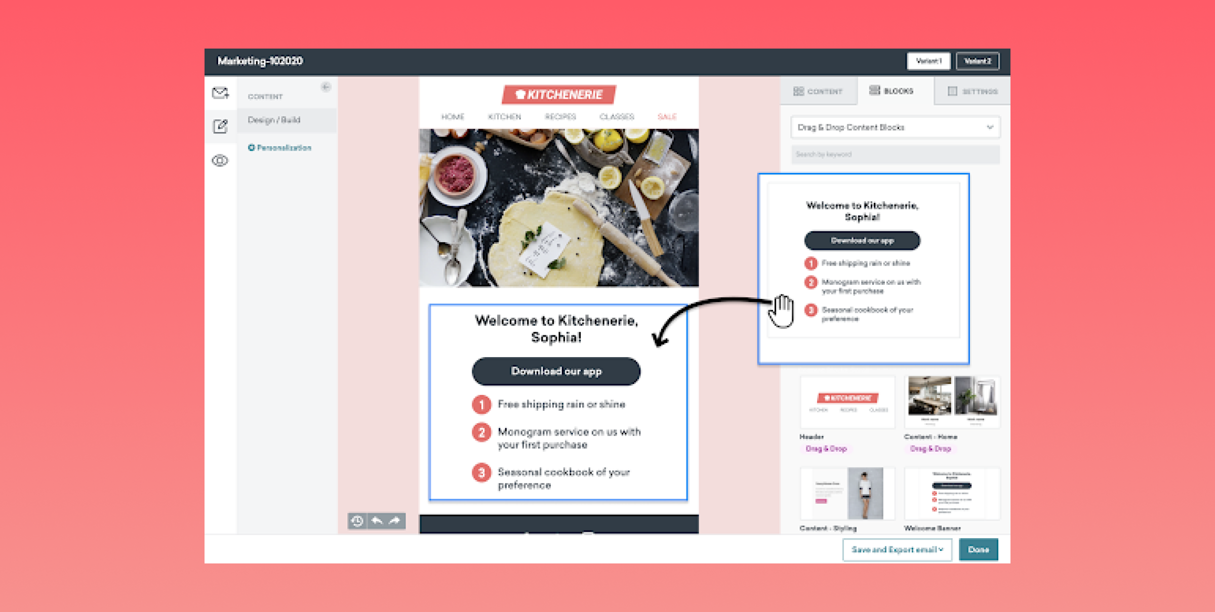 A digital interface displaying a welcome message for a user named Sophia, promoting the download of a cooking app and featuring options for free shipping and a seasonal cookbook. The background is a gradient of pink.