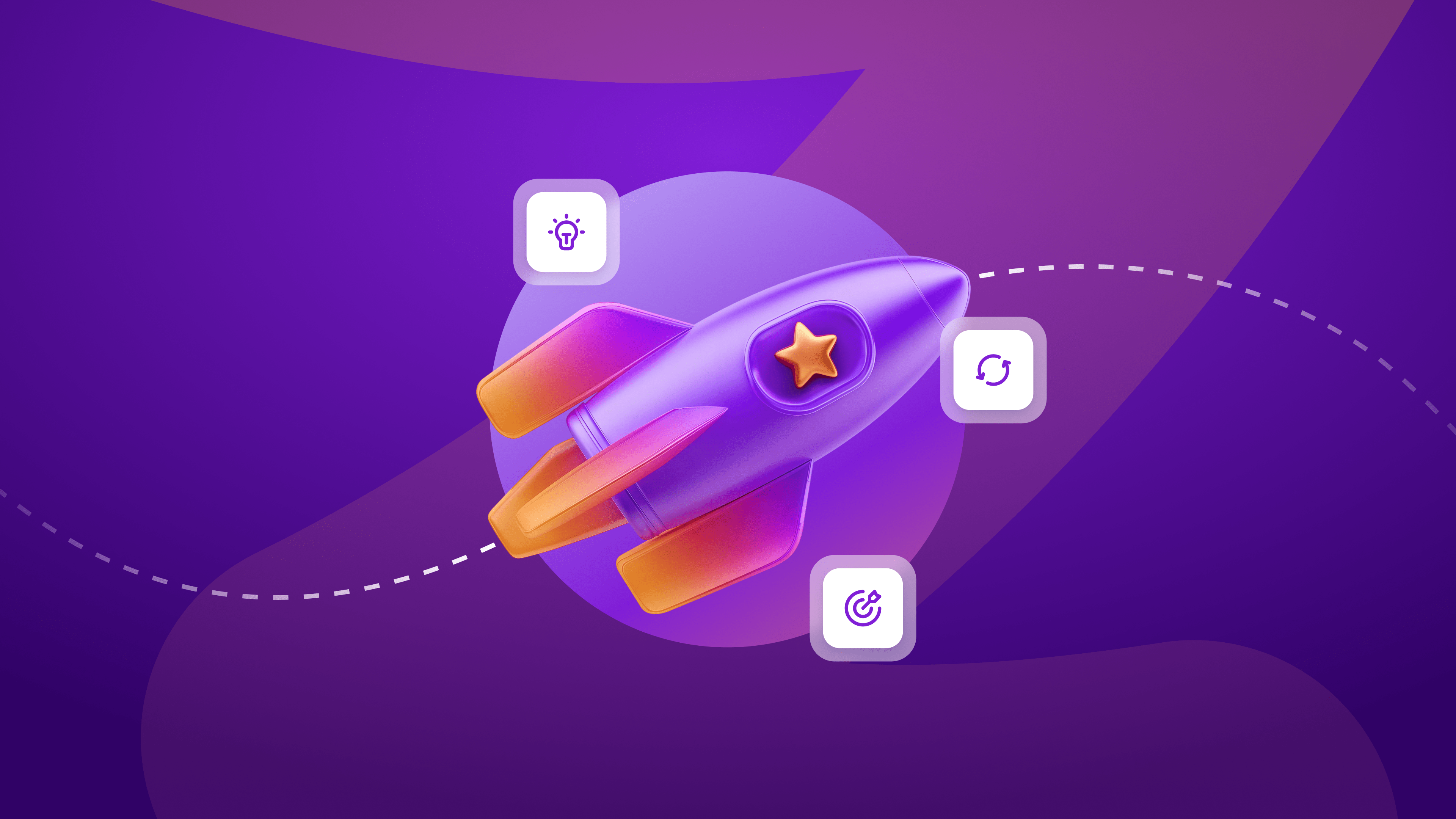 A purple rocket with a gold star, surrounded by icons for ideas, refresh, and goals.