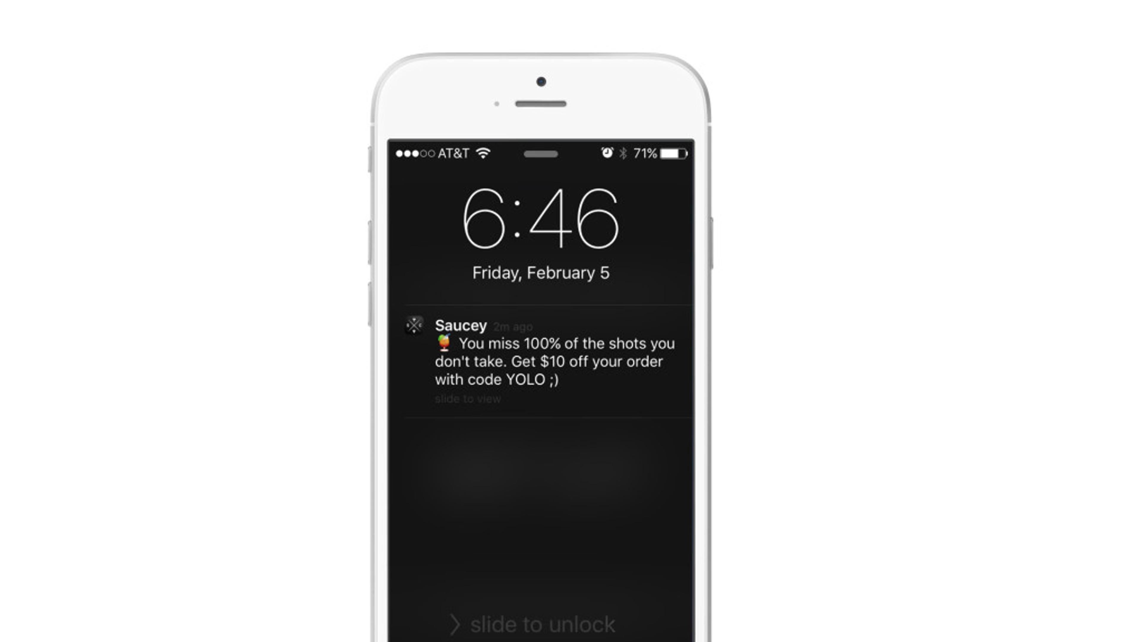 A smartphone screen displaying a notification from the Saucy app, offering a discount on an order. The time is 6:46 on Friday, February 5.