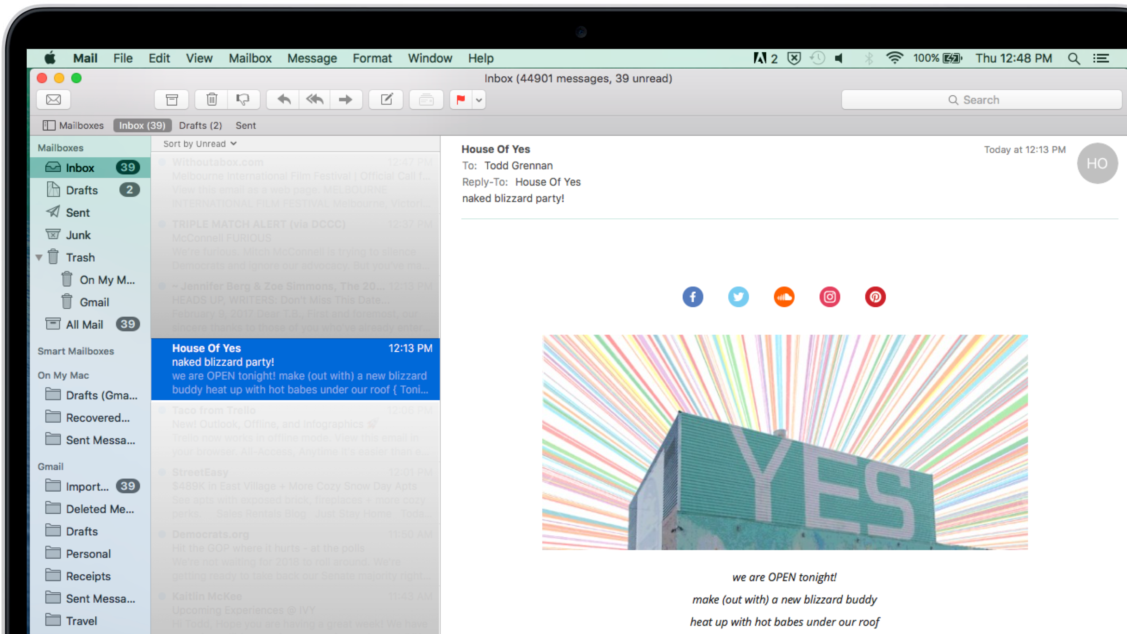 An email interface displaying a message titled "House Of Yes" with colorful background lines. The message mentions an event and includes social media icons.