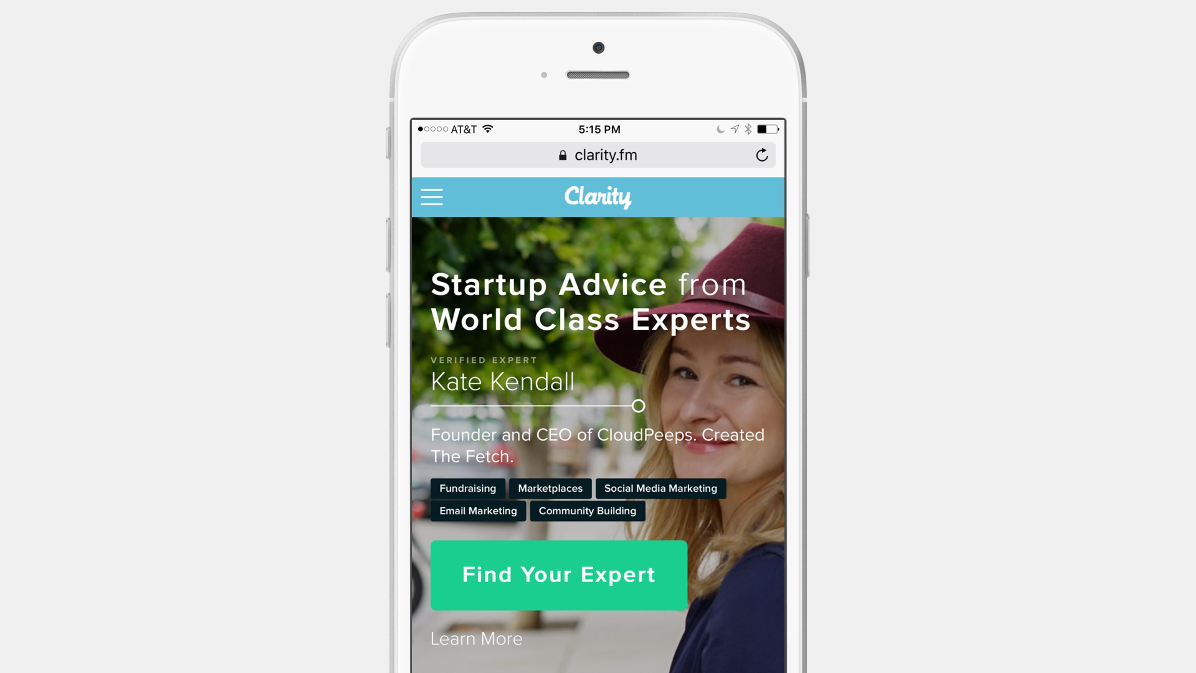 A smartphone displaying the Clarity.fm website, featuring a header for startup advice from experts and a profile of Kate Kendall, founder and CEO of CloudPeeps.