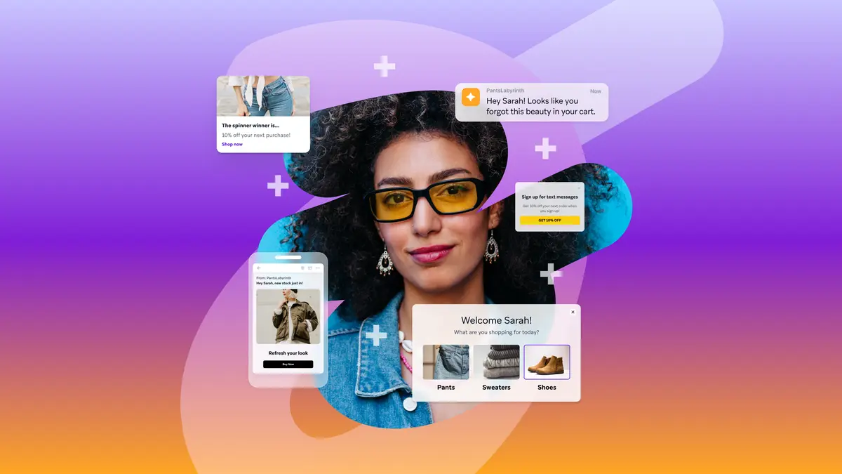Uma mulher de óculos amarelos rodeada por notificações personalizadas de comércio eletrônico e telas de aplicativos.