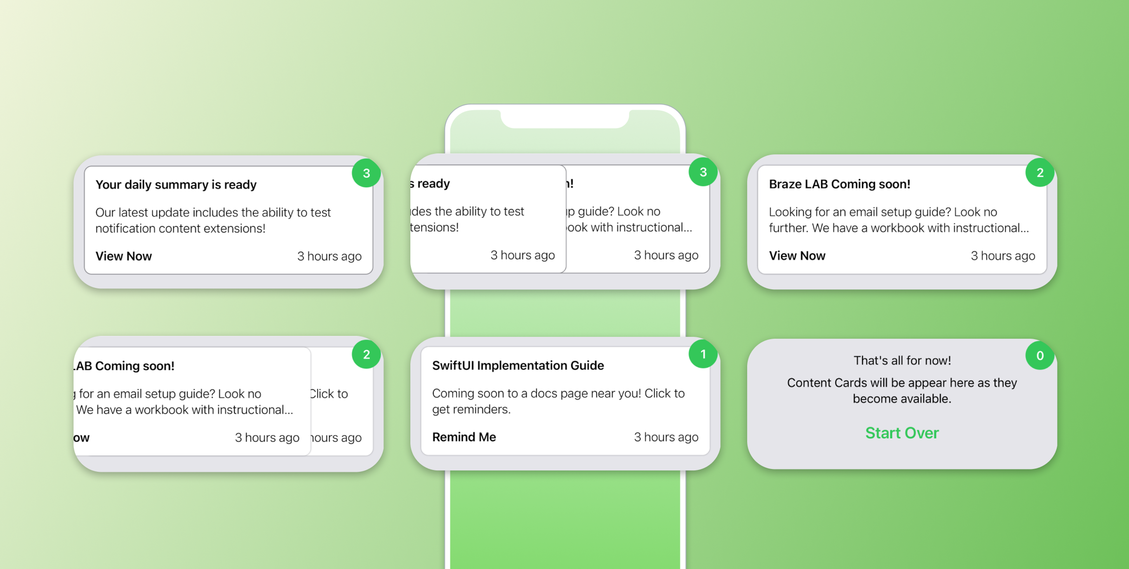 A smartphone screen displaying various notifications about updates and guides, including summaries, implementation guides, and upcoming features. The background is a gradient of green.