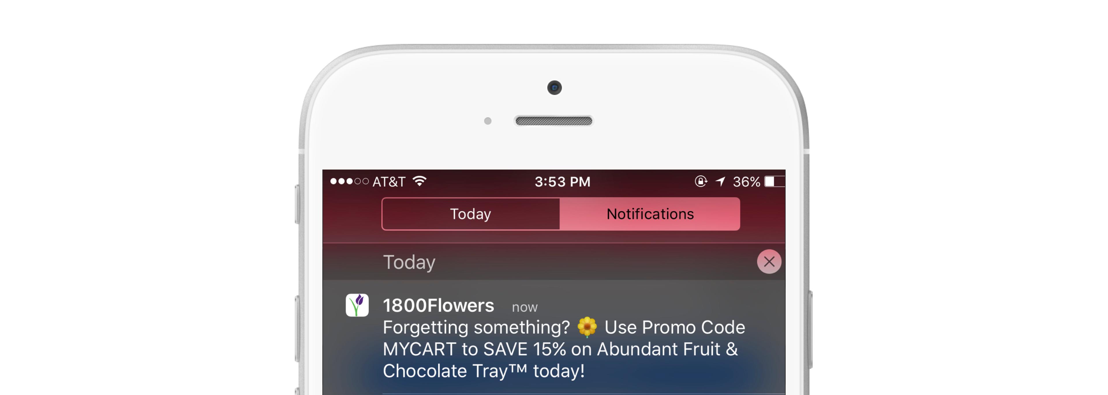 A smartphone screen displaying a notification from 1800Flowers about a promotional offer for a fruit and chocolate tray. The time on the screen shows 3:53 PM.