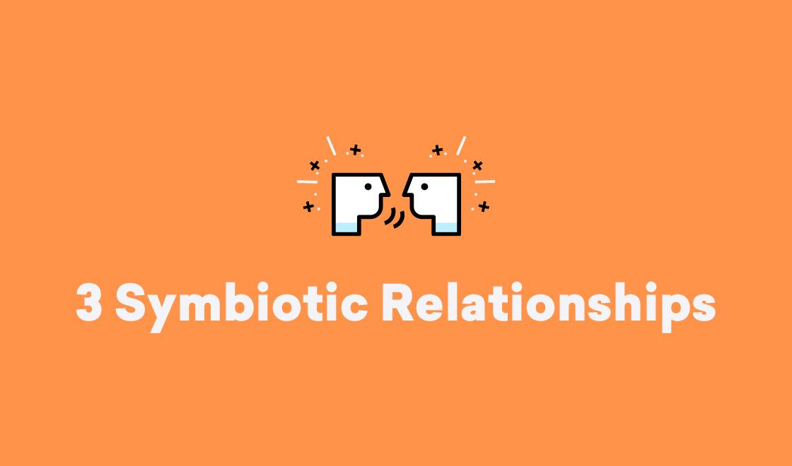 Illustration of two faces facing each other with animated lines, accompanied by the text "3 Symbiotic Relationships" on an orange background.
