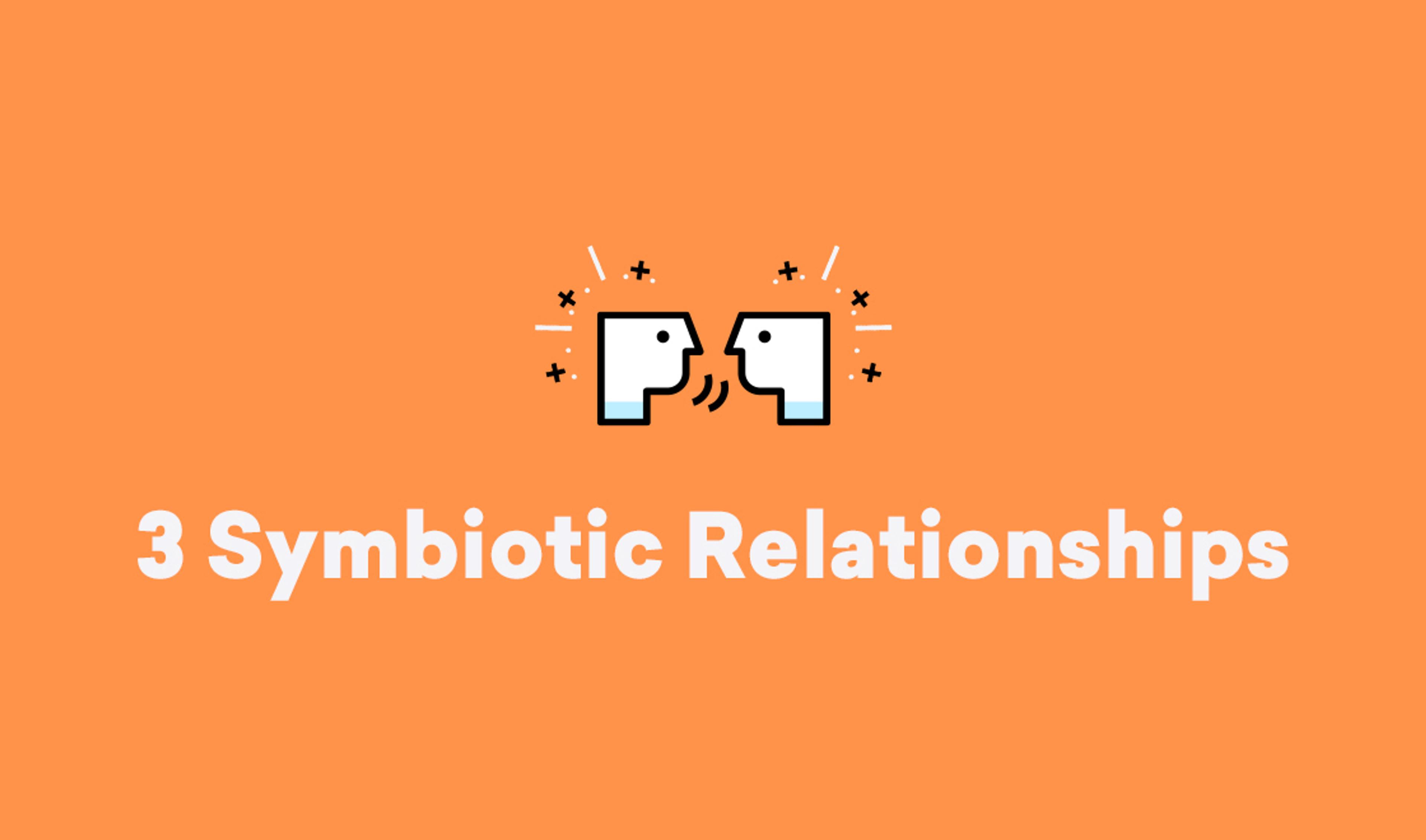 Illustration of two faces facing each other with animated lines, accompanied by the text "3 Symbiotic Relationships" on an orange background.