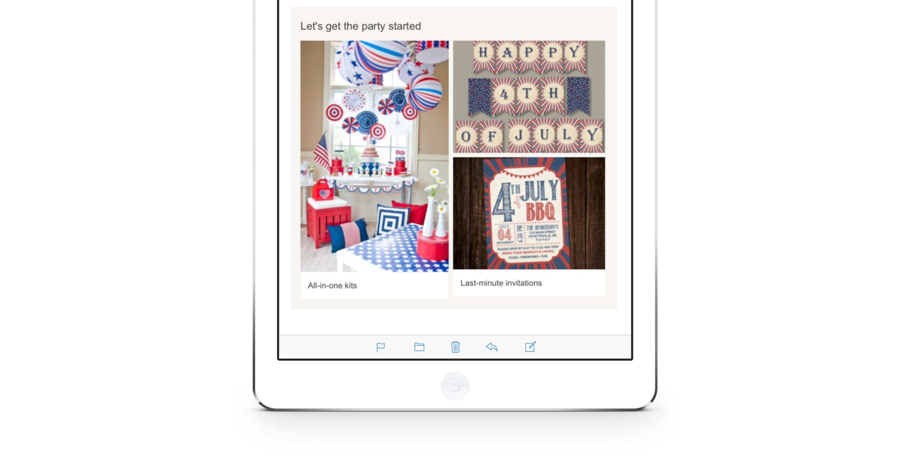 A tablet displaying a festive party planning layout with decorations and invitations for a July 4th celebration. The design features red, white, and blue colors with various party supplies.
