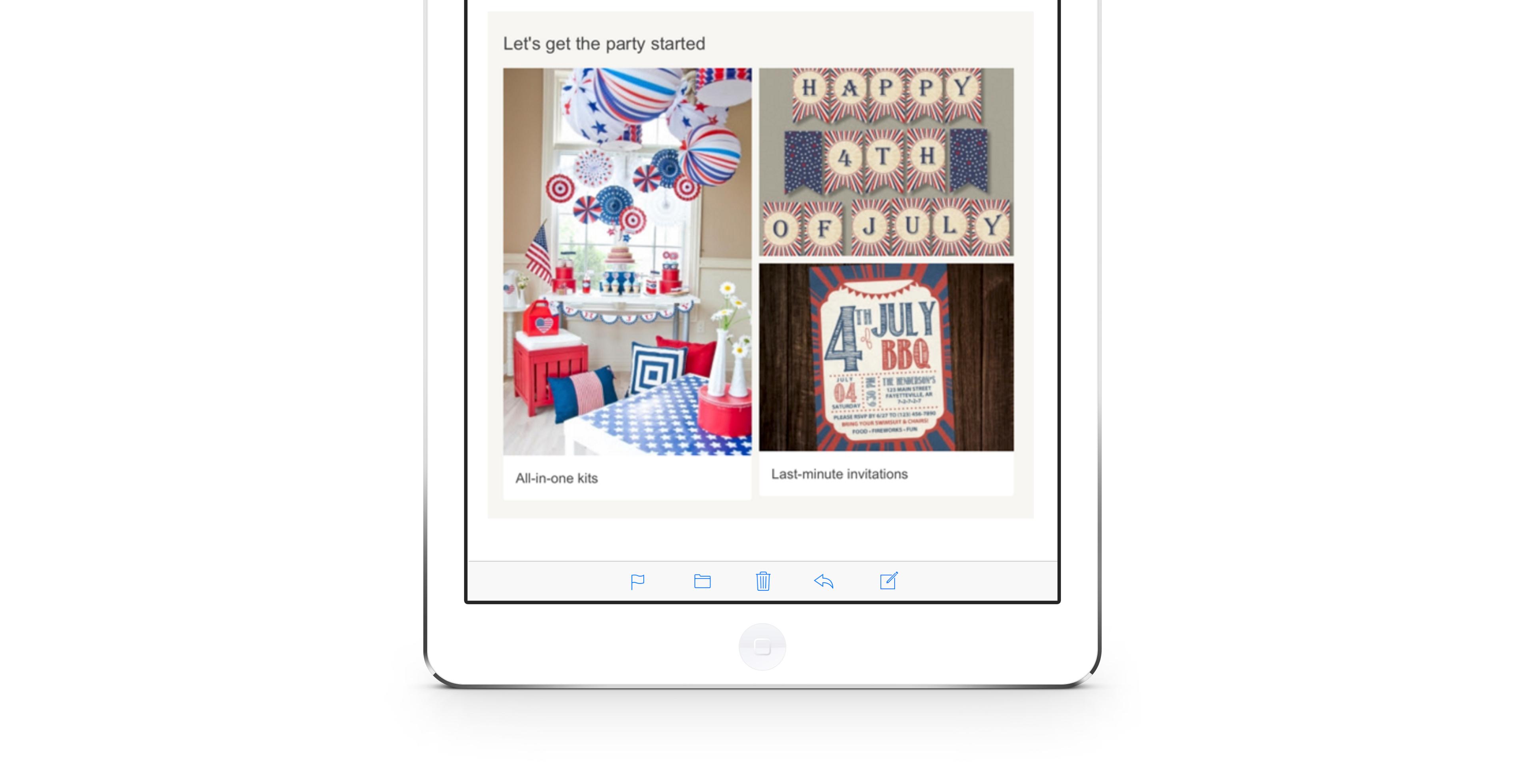 A tablet displaying a festive party planning layout with decorations and invitations for a July 4th celebration. The design features red, white, and blue colors with various party supplies.
