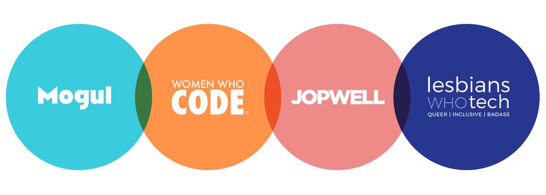 Logos of four organizations: Mogul, Women Who Code, Jopwell, and Lesbians Who Tech, each in colorful circles. The logos promote diversity and inclusion in tech.