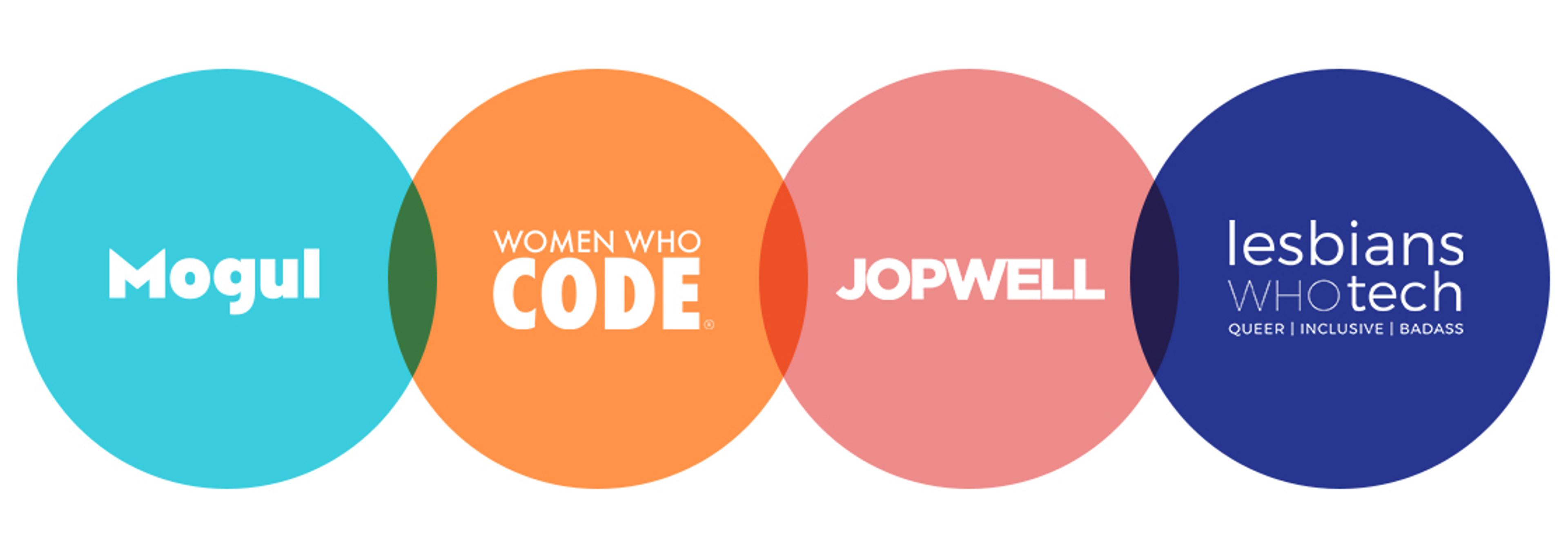 Logos of four organizations: Mogul, Women Who Code, Jopwell, and Lesbians Who Tech, each in colorful circles. The logos promote diversity and inclusion in tech.