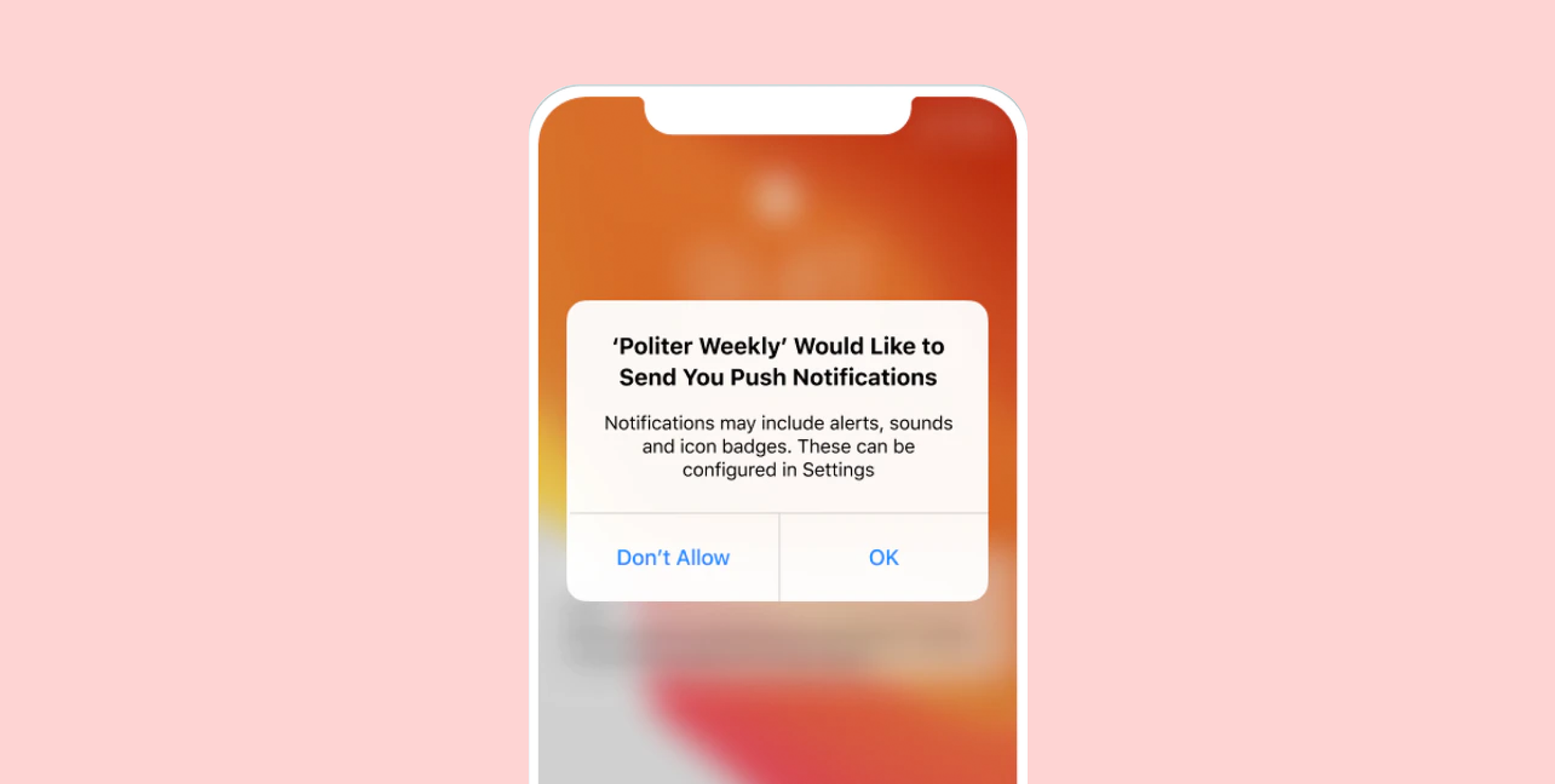 A smartphone screen displaying a notification prompt from "Politer Weekly" asking for permission to send push notifications. Options to allow or deny the request are visible.