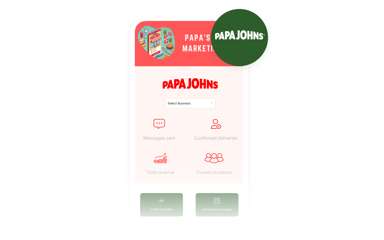A smartphone displays a Papa Johns marketing app with business metrics and campaign options.