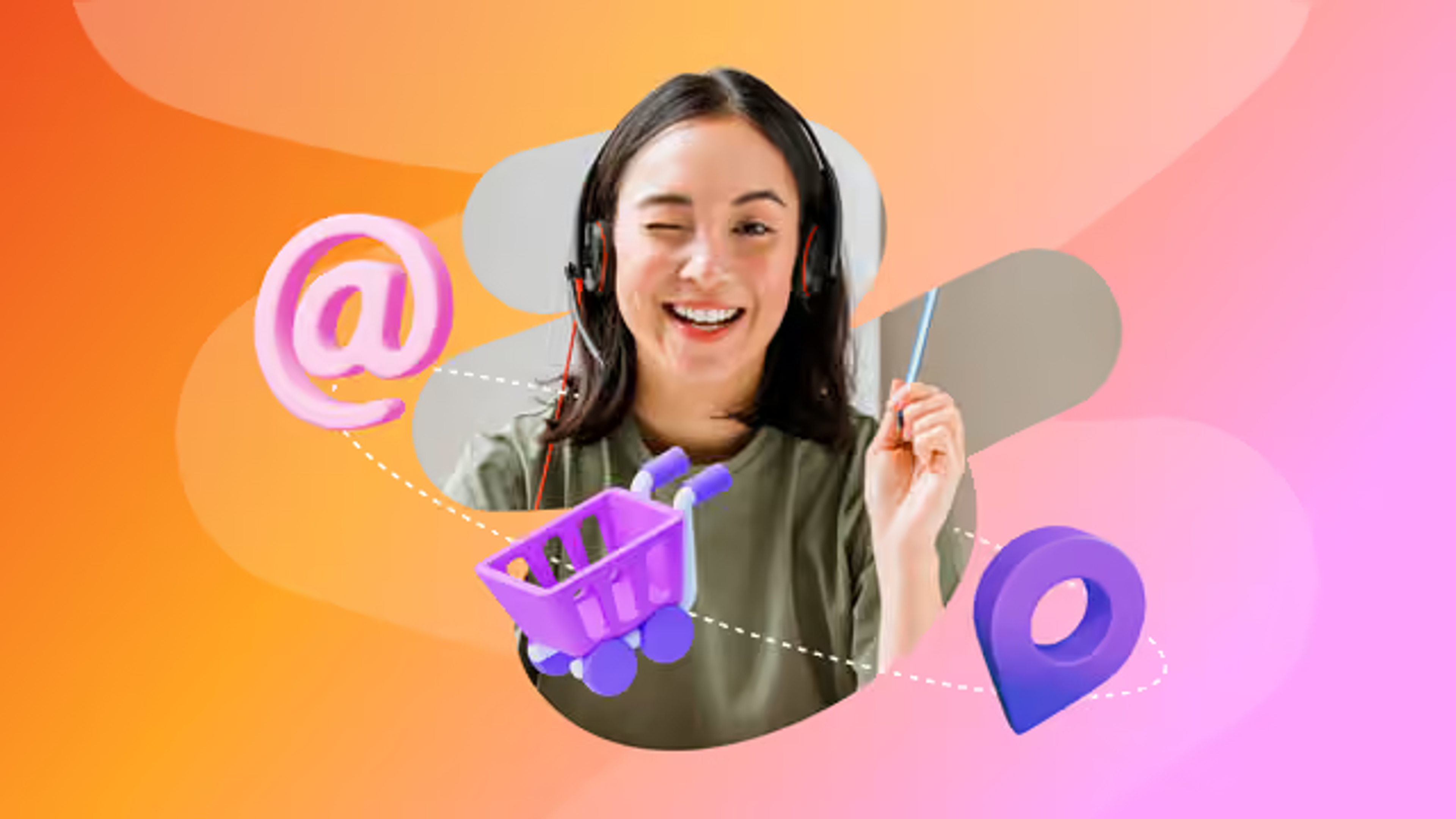 Une femme souriante portant un casque fait un clin d’œil, entourée d’icônes d’e-mail, de panier et de localisation sur un fond coloré.