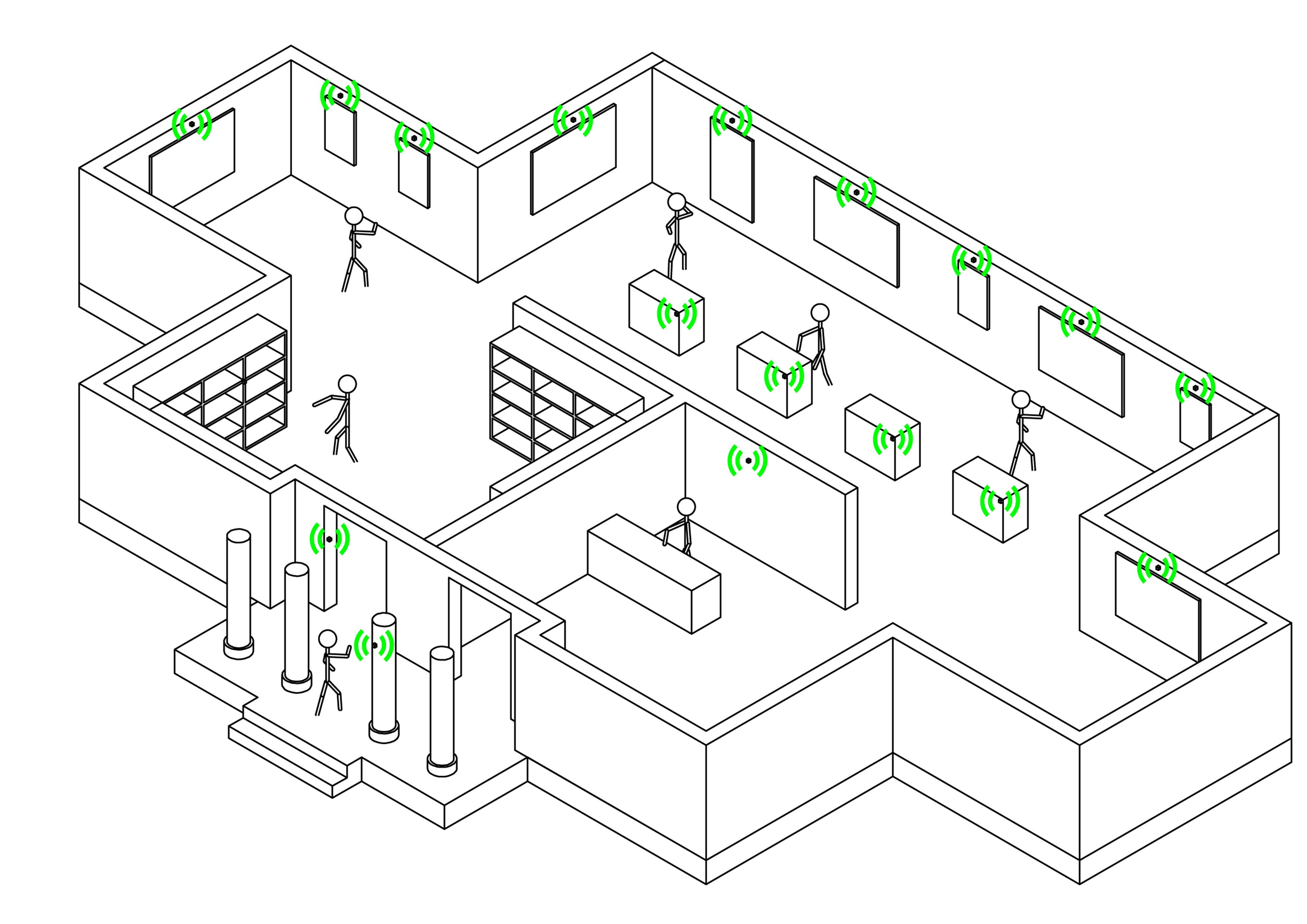 A simplified floor plan of a building with stick figures and sound indicators. The layout includes rooms, furniture, and multiple sound sources represented by green symbols.